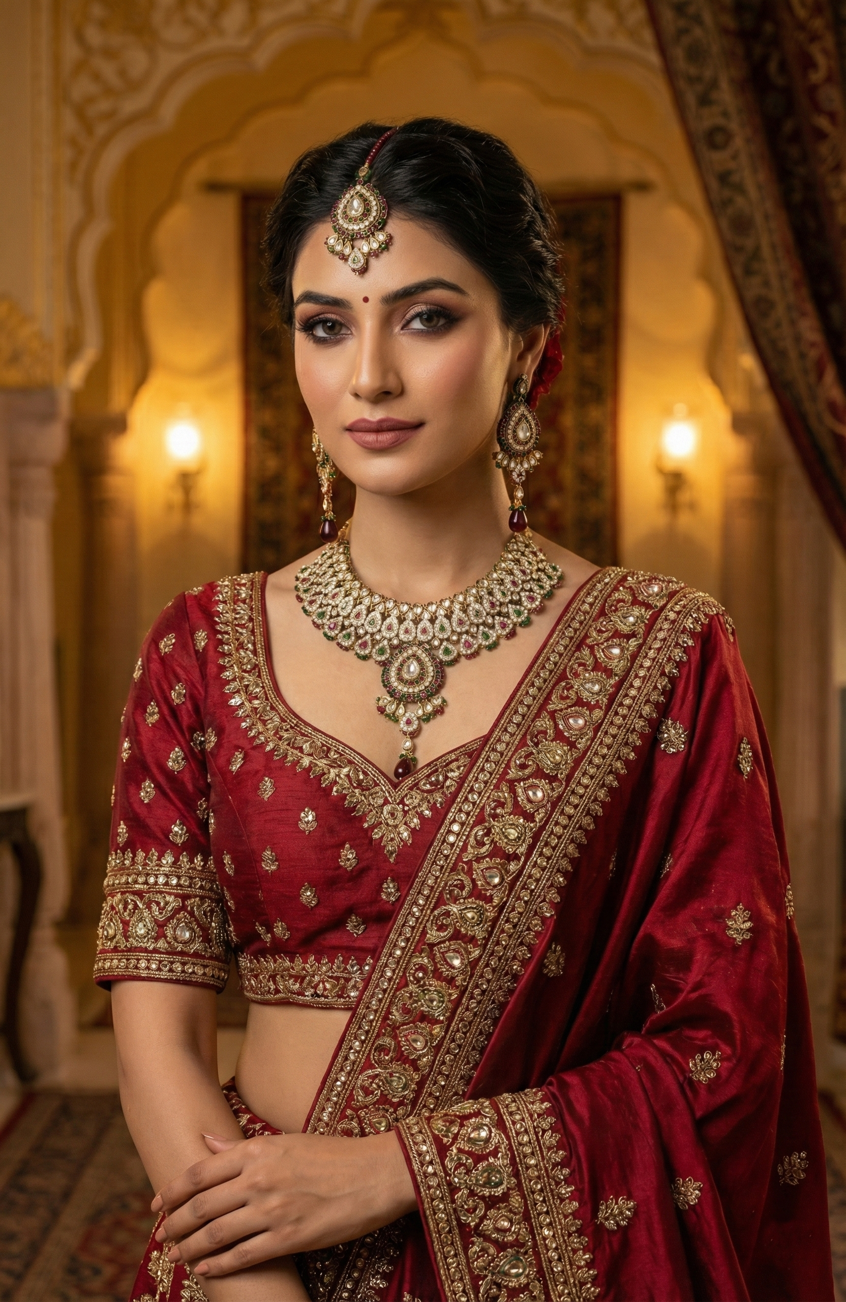 Red & Green Stone-Studded Necklace Set