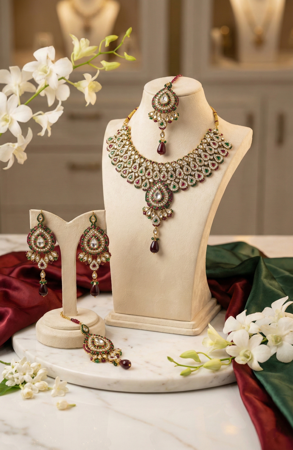 Red & Green Stone-Studded Necklace Set