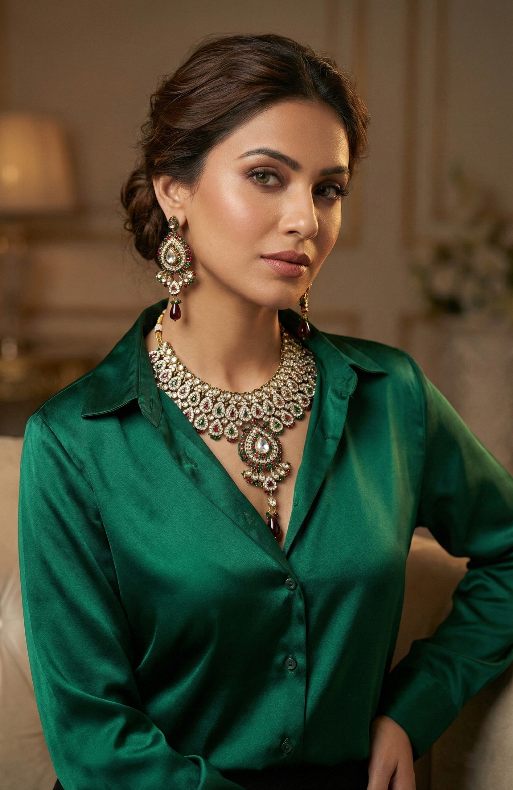 Red & Green Stone-Studded Necklace Set