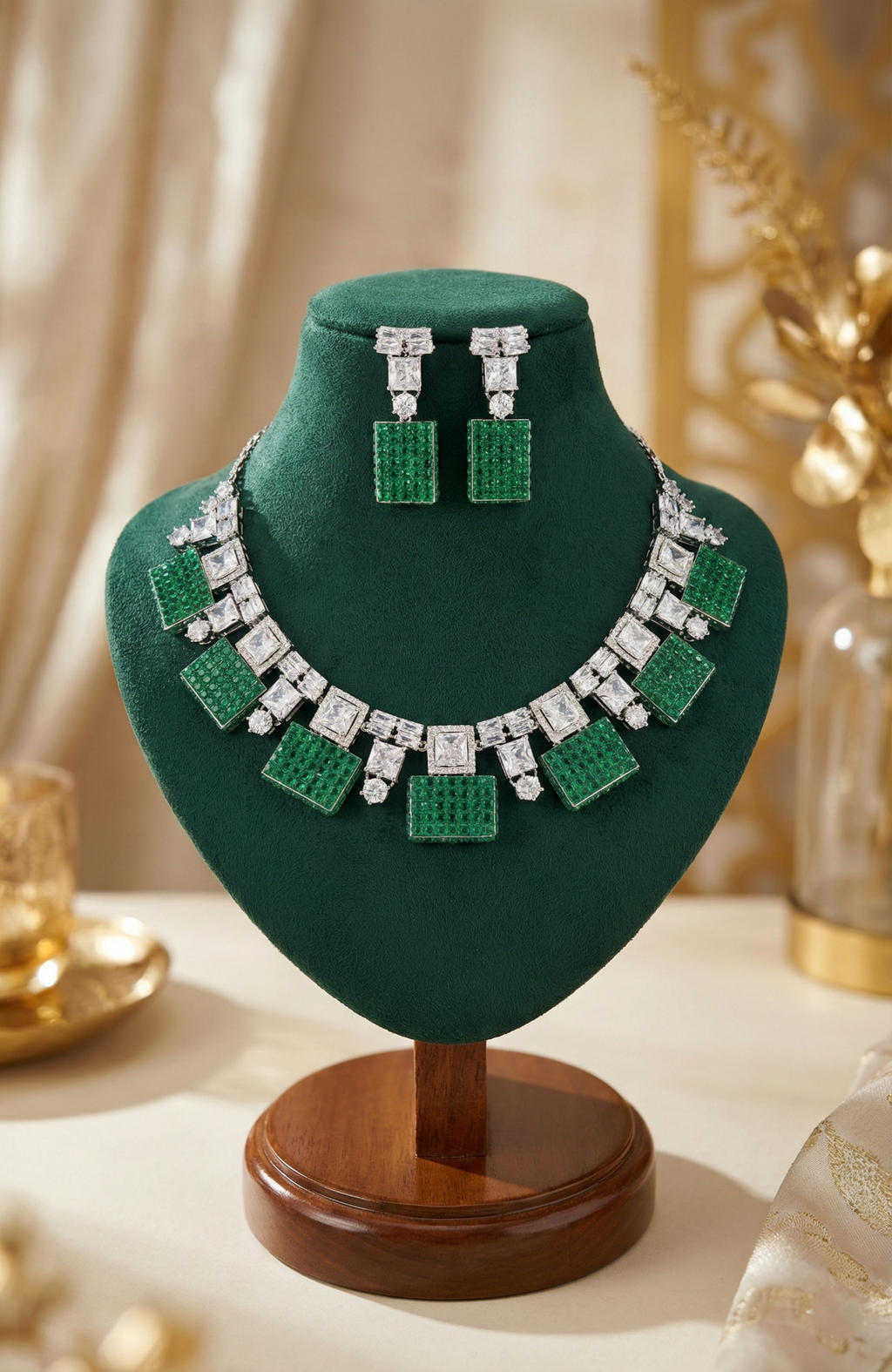 Emerald Green Statement Necklace & Earrings Set