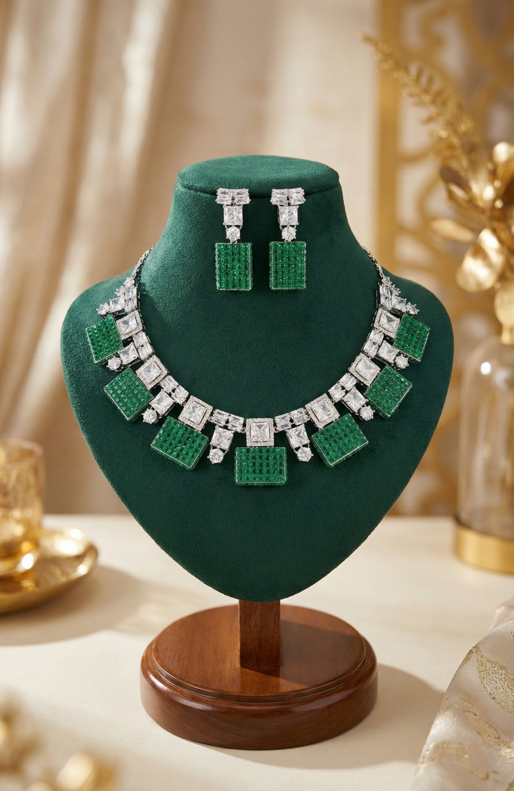 Emerald Green Statement Necklace & Earrings Set