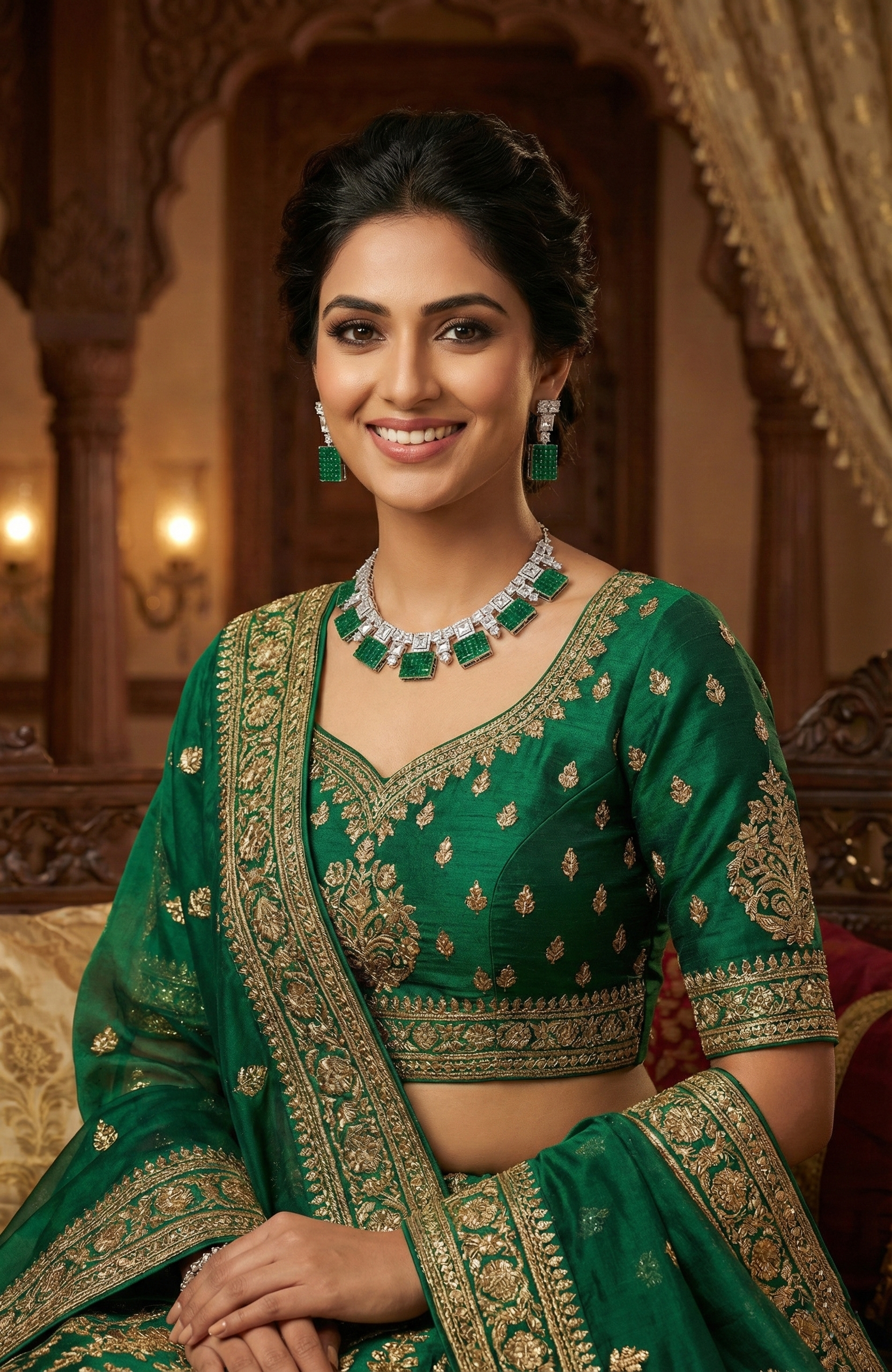 Emerald Green Statement Necklace & Earrings Set