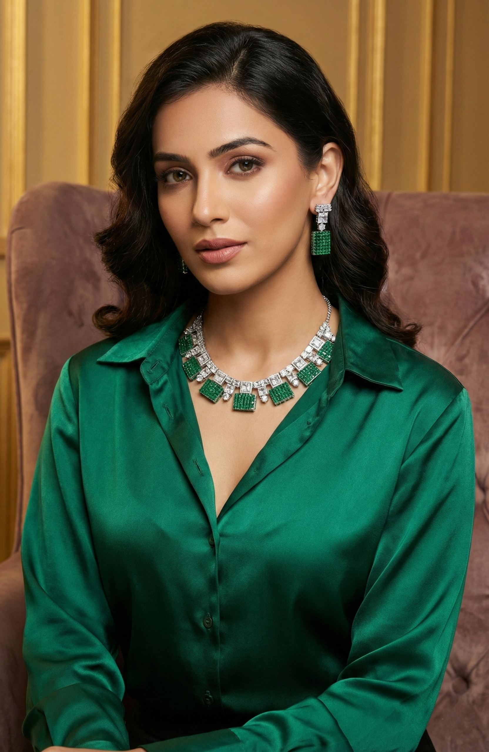 Emerald Green Statement Necklace & Earrings Set
