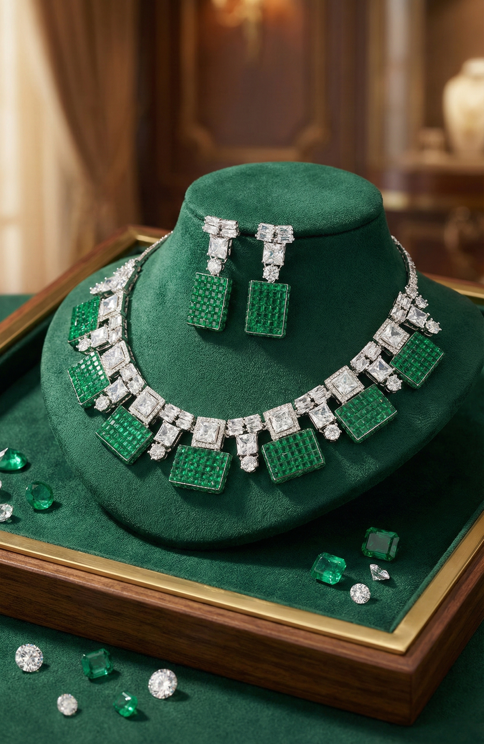 Emerald Green Statement Necklace & Earrings Set