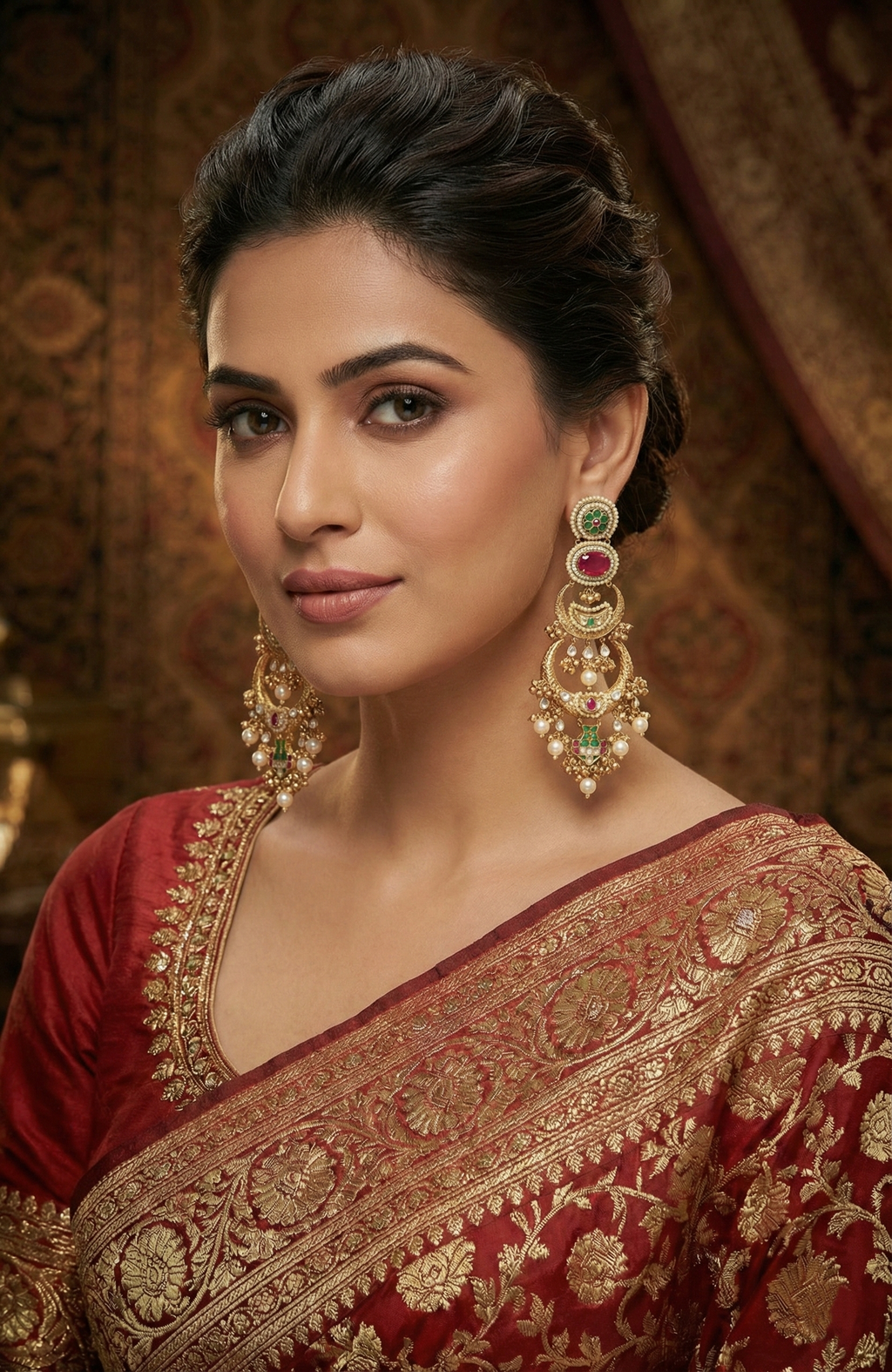 Royal Meenakari Chandbali Earrings – Pink, Green & Pearl