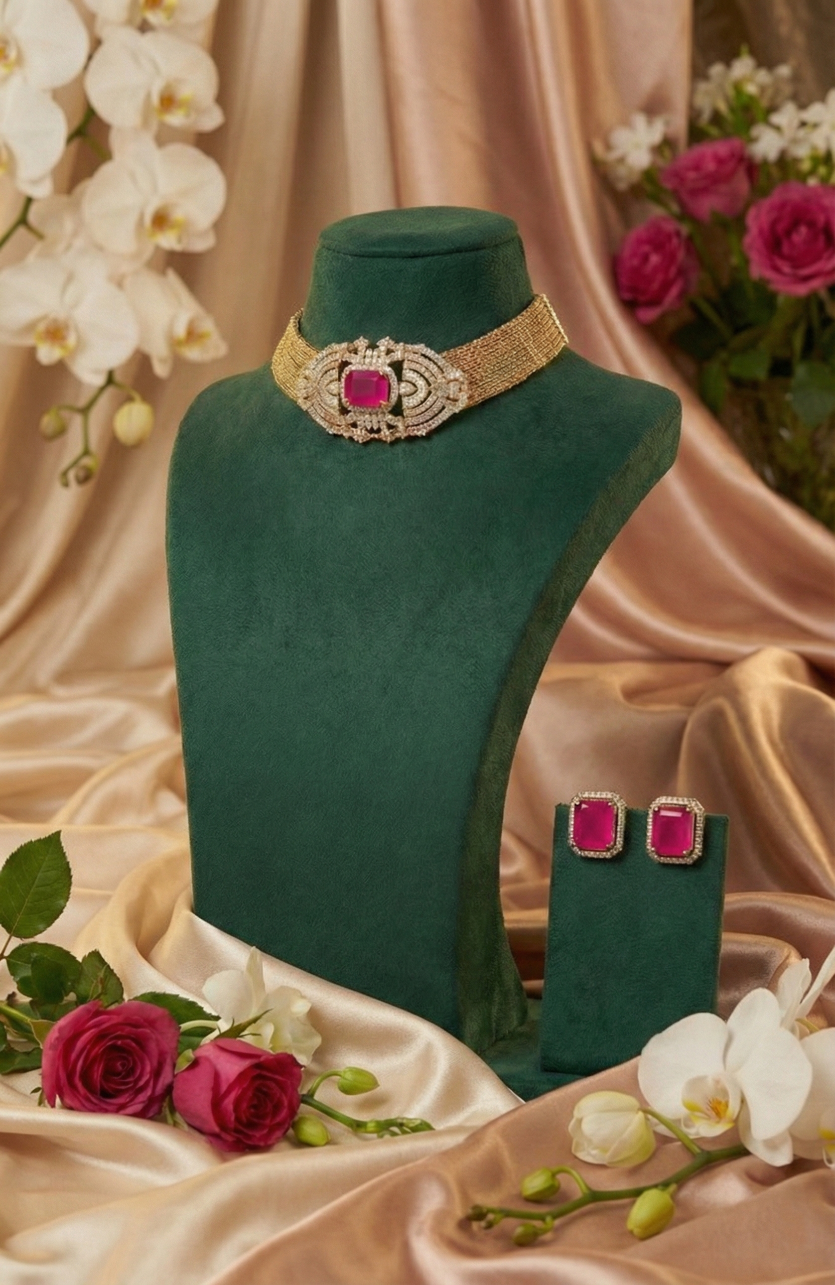 Hot Pink Crystal Statement Choker Set – Gold Glam Jewellery