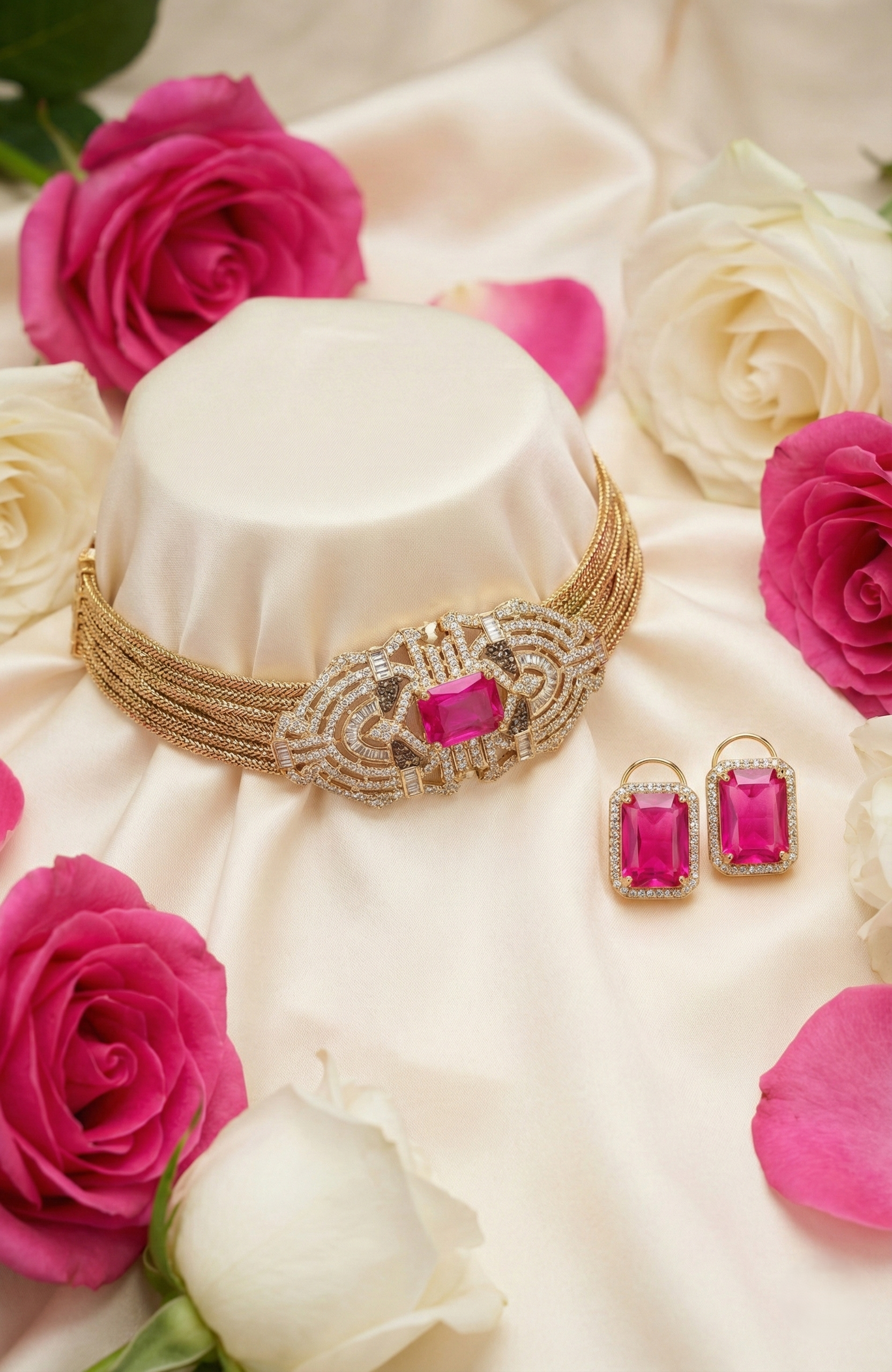 Hot Pink Crystal Statement Choker Set – Gold Glam Jewellery