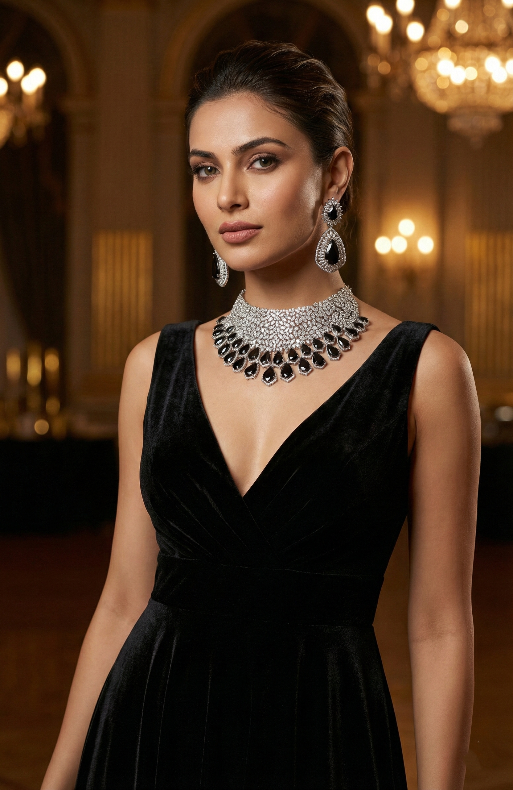 Bollywood Blings Luxury Black Teardrop Crystal Statement Necklace Set – Silver Bridal Bib Necklace & Drop Earrings
