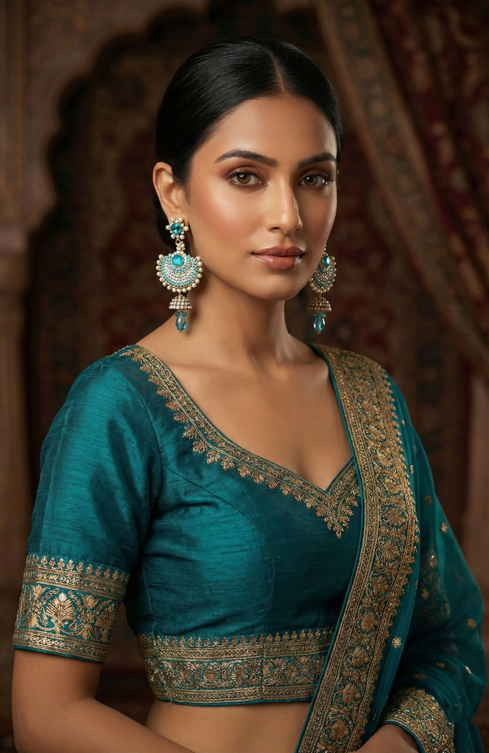 Elegant Gold-Tone Blue & White Crystal Chandbali Shaped Earrings