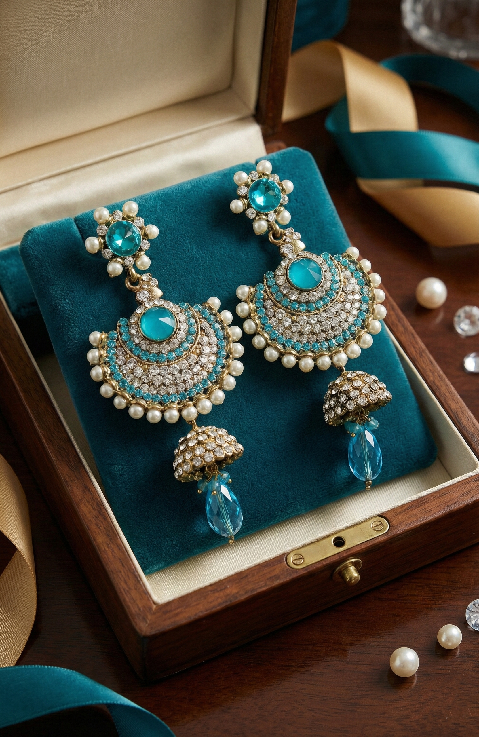 Elegant Gold-Tone Blue & White Crystal Chandbali Shaped Earrings
