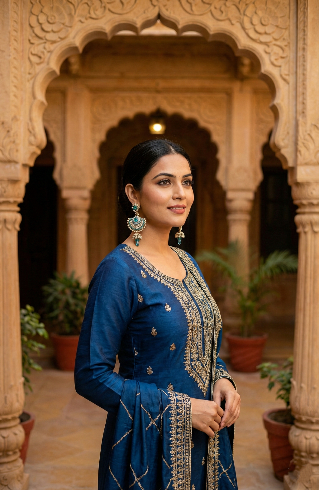 Elegant Gold-Tone Blue & White Crystal Chandbali Shaped Earrings