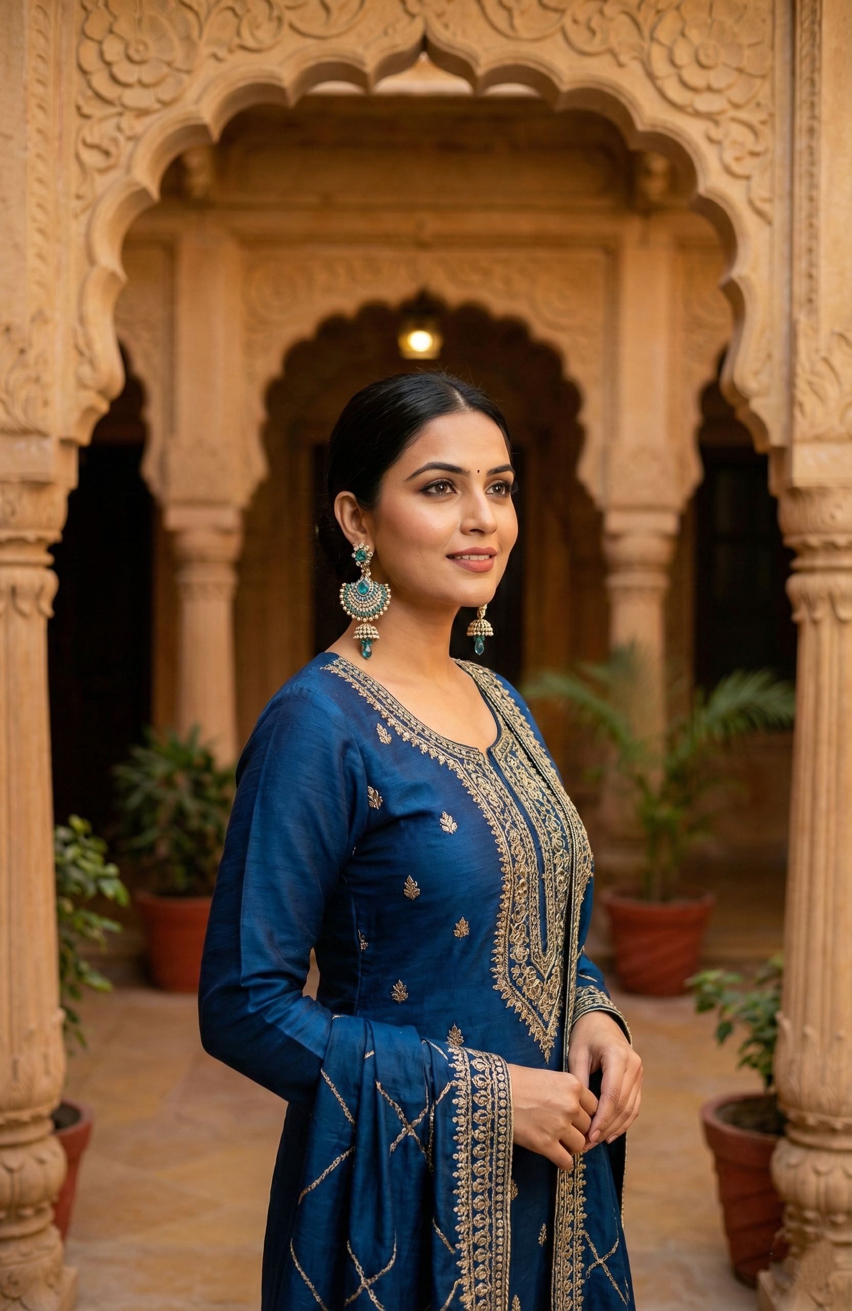 Elegant Gold-Tone Blue & White Crystal Chandbali Shaped Earrings