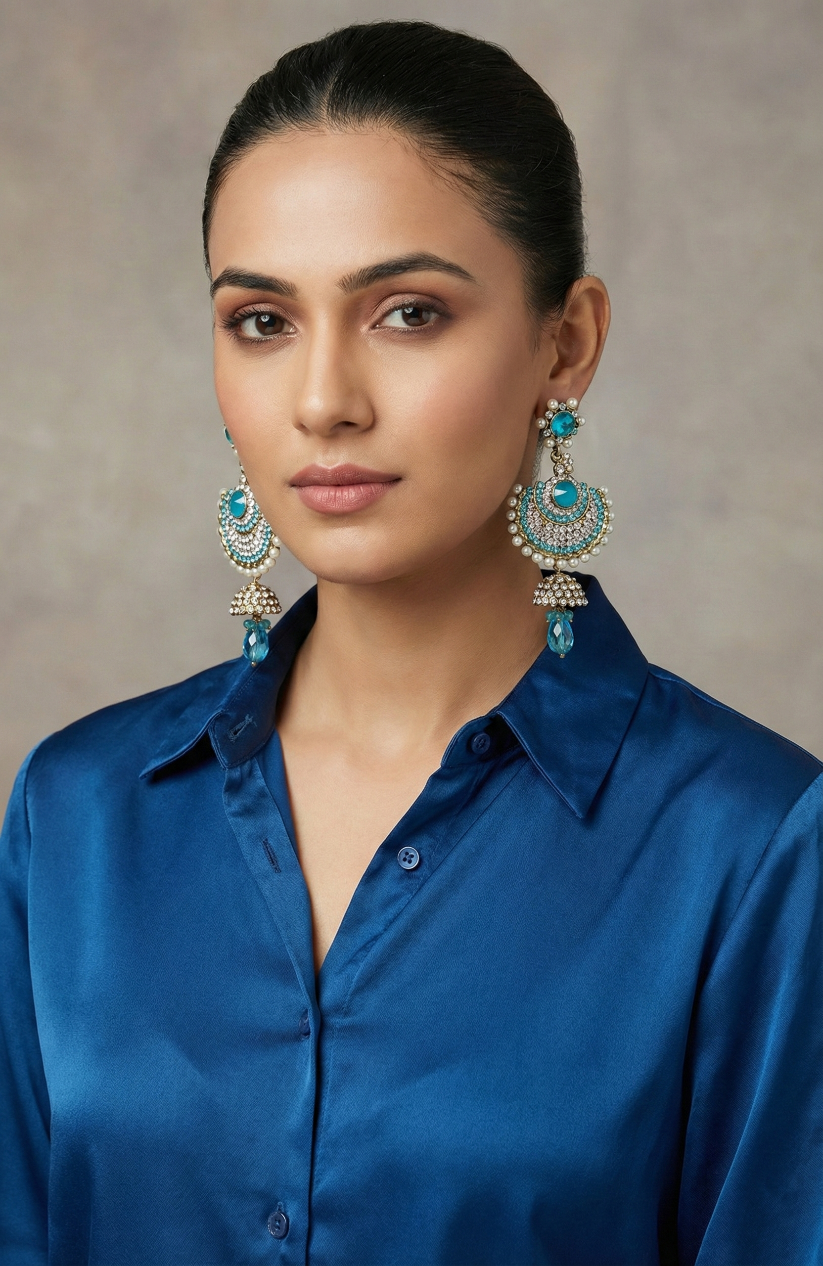 Elegant Gold-Tone Blue & White Crystal Chandbali Shaped Earrings