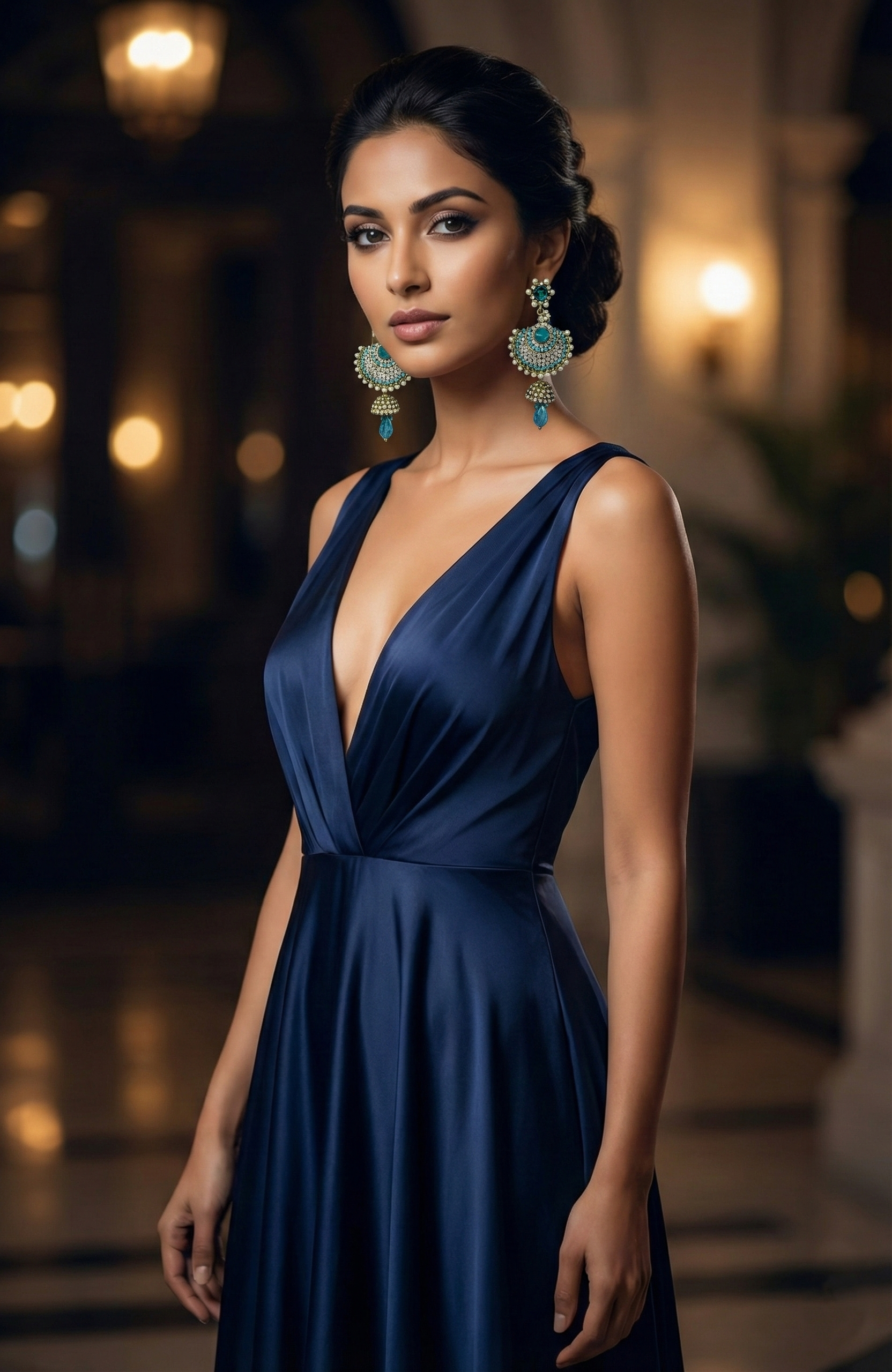 Elegant Gold-Tone Blue & White Crystal Chandbali Shaped Earrings