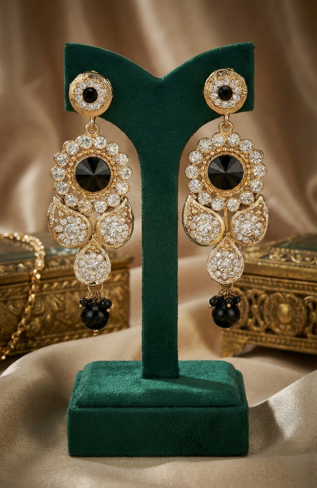 Gold-Tone Crystal & Black Stone Drop Earrings