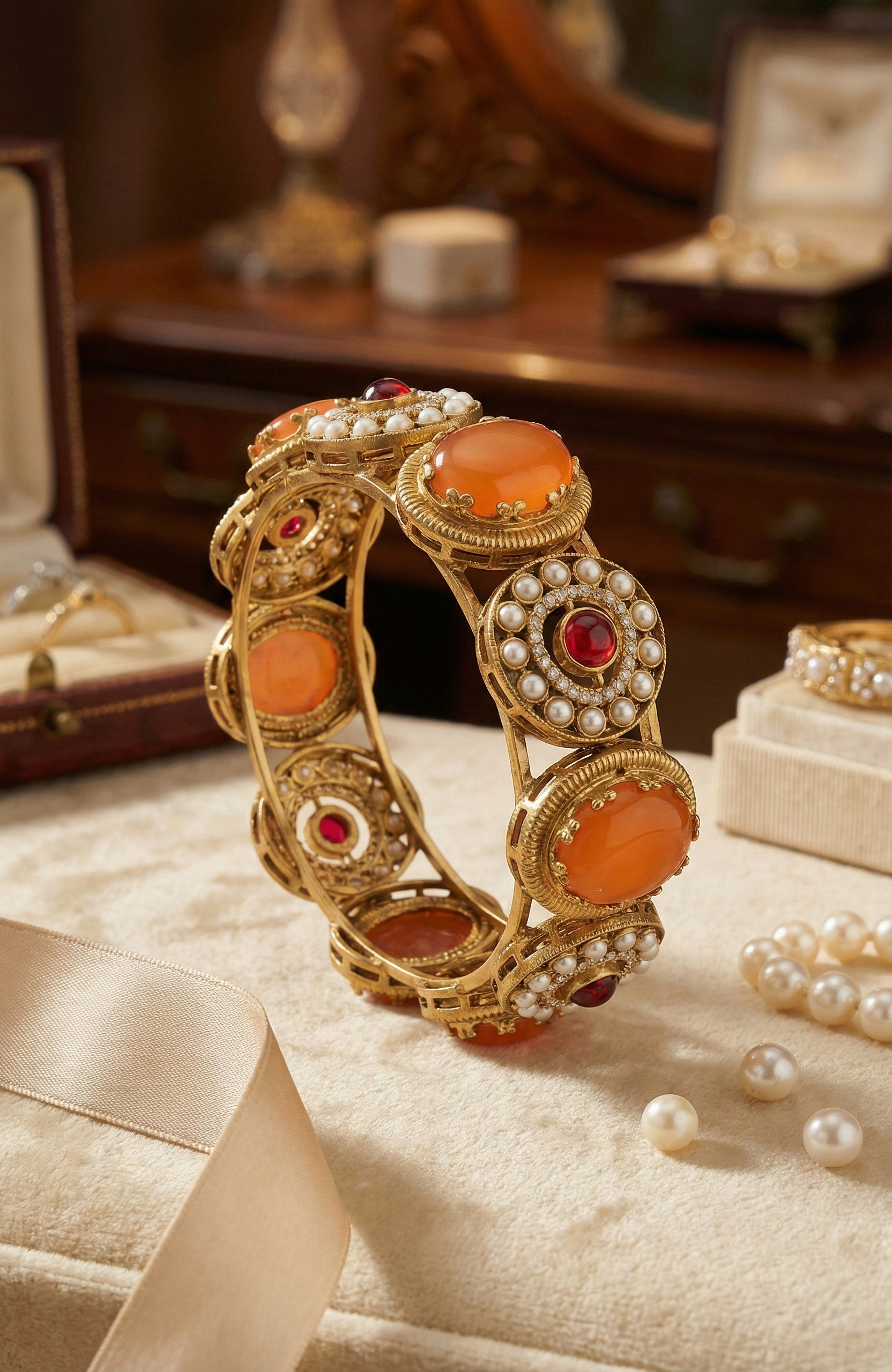 Gold-Tone Coral & Ruby-Red Stone Bracelet
