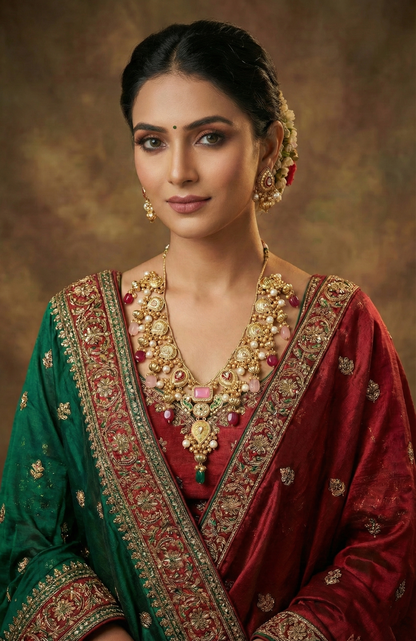 Royal Pink & Emerald Temple Statement Necklace Set