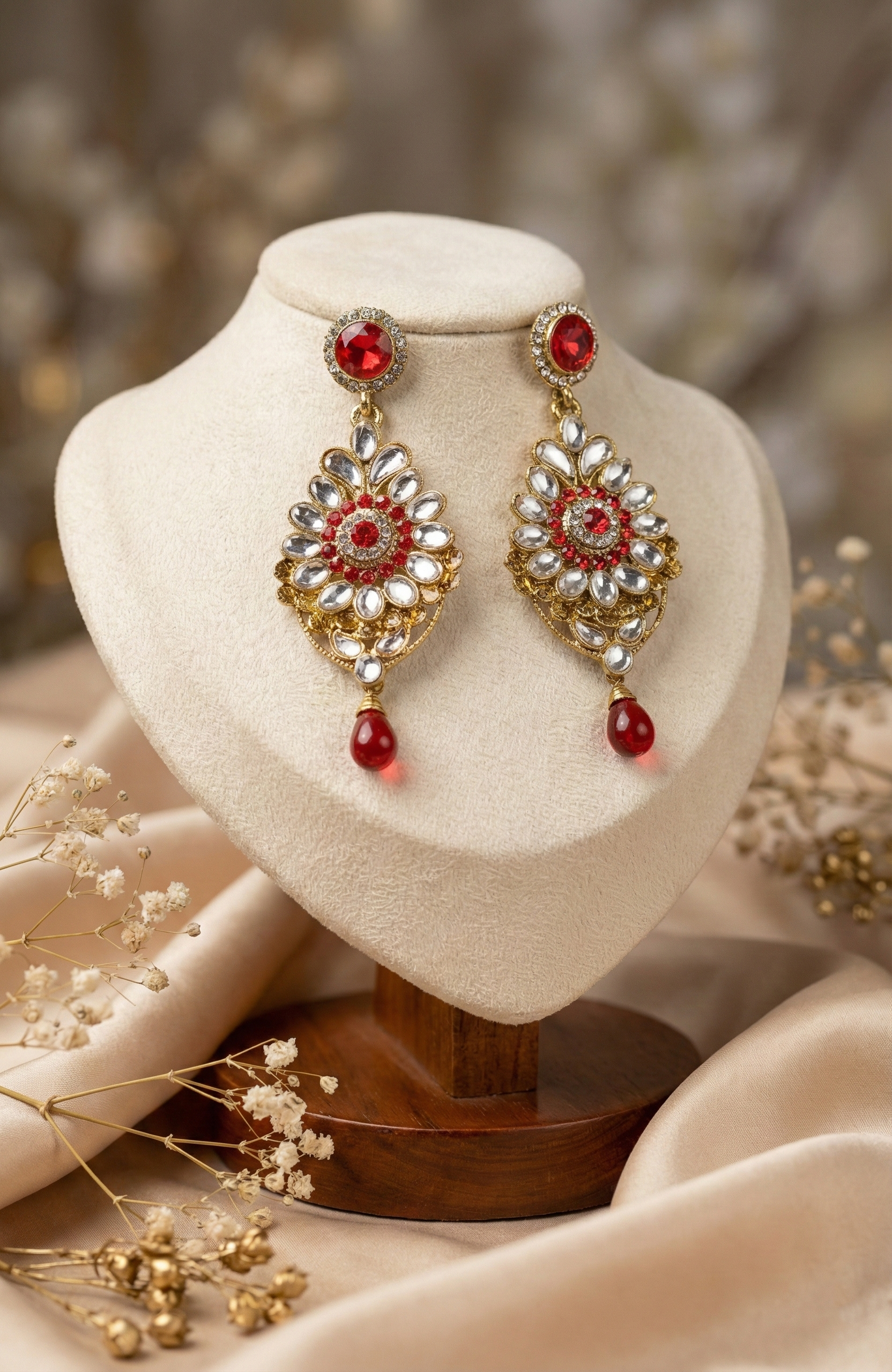 Traditional Kundan Drop Earrings (Red & Pink Accents)