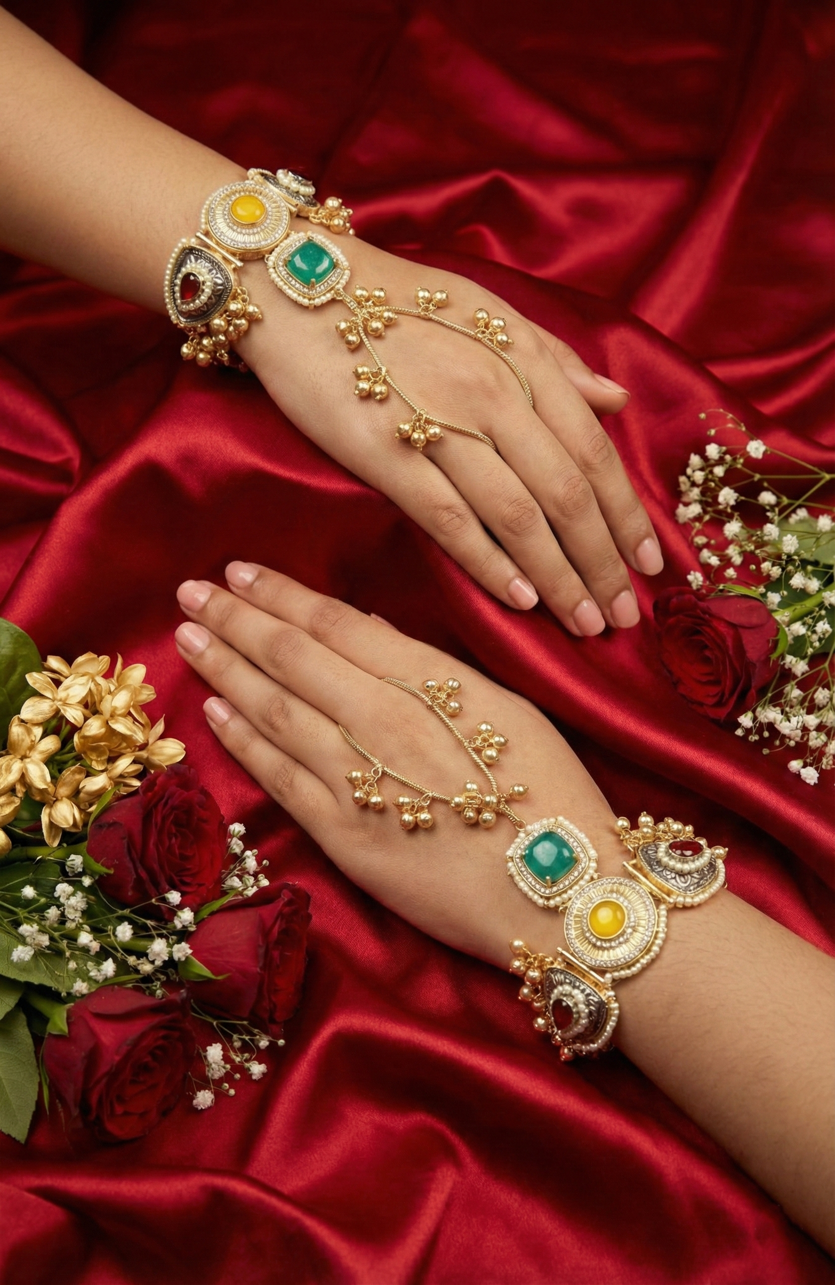 Royal Heritage Kundan Haathphool Pair – Yellow & Emerald