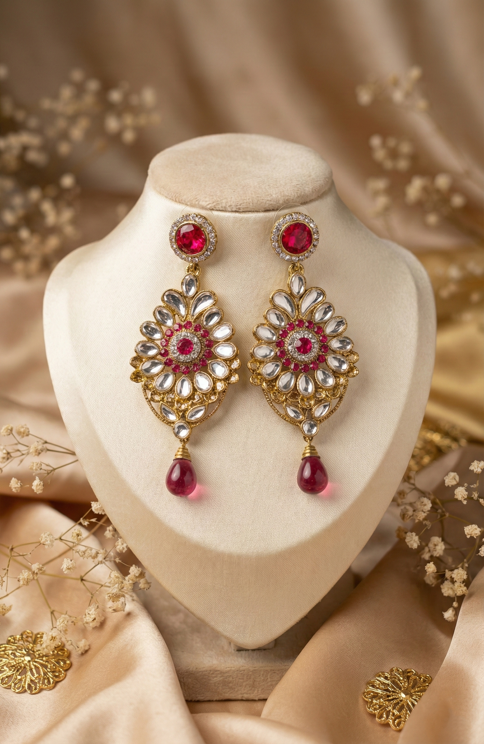 Traditional Kundan Drop Earrings (Red & Pink Accents)
