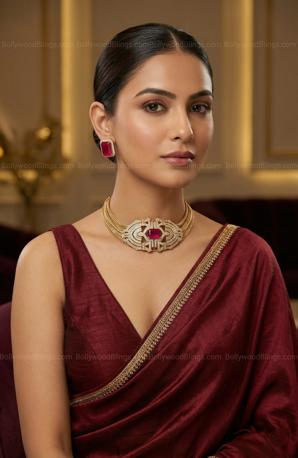 Hot Pink Crystal Statement Choker Set – Gold Glam Jewellery
