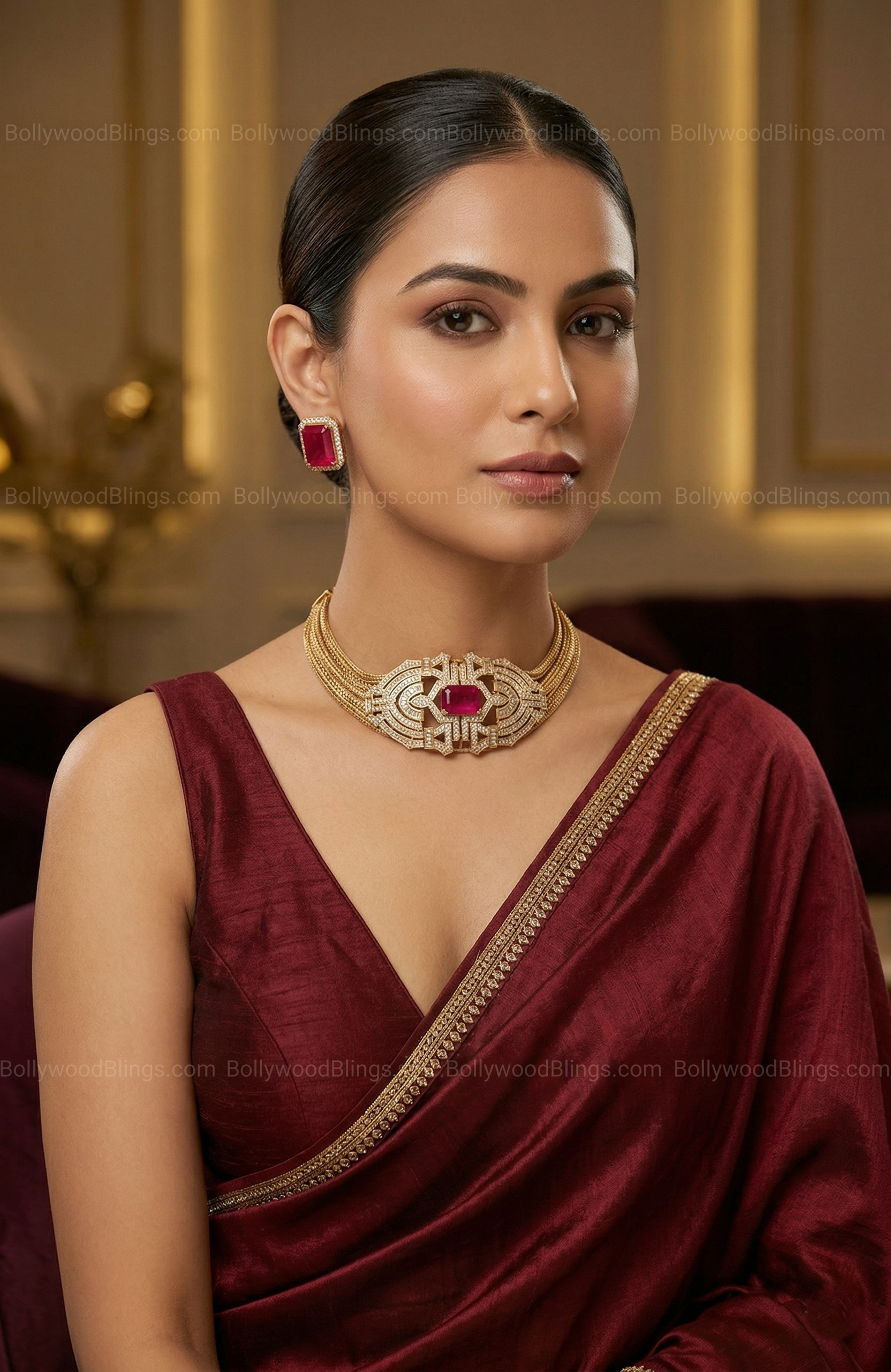 Hot Pink Crystal Statement Choker Set – Gold Glam Jewellery