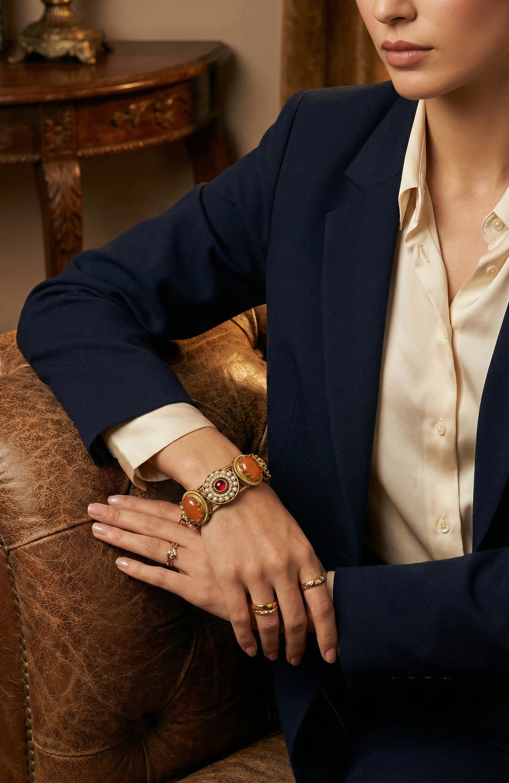 Gold-Tone Coral & Ruby-Red Stone Bracelet