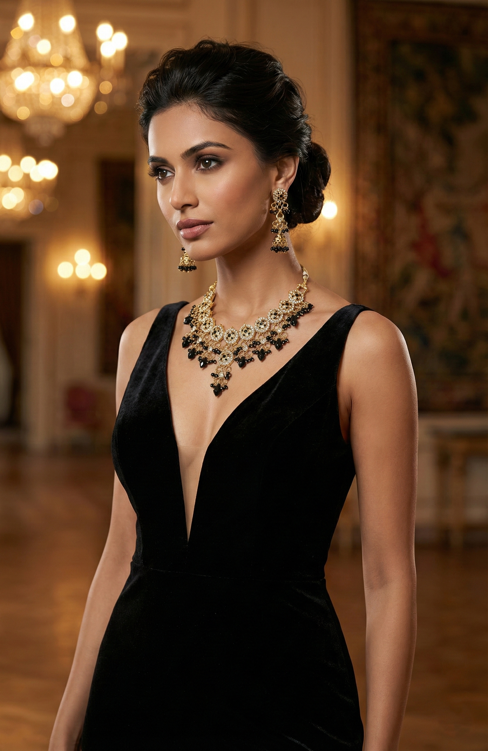 Black & Gold Kundan Necklace Set with Matching Jhumka Earrings