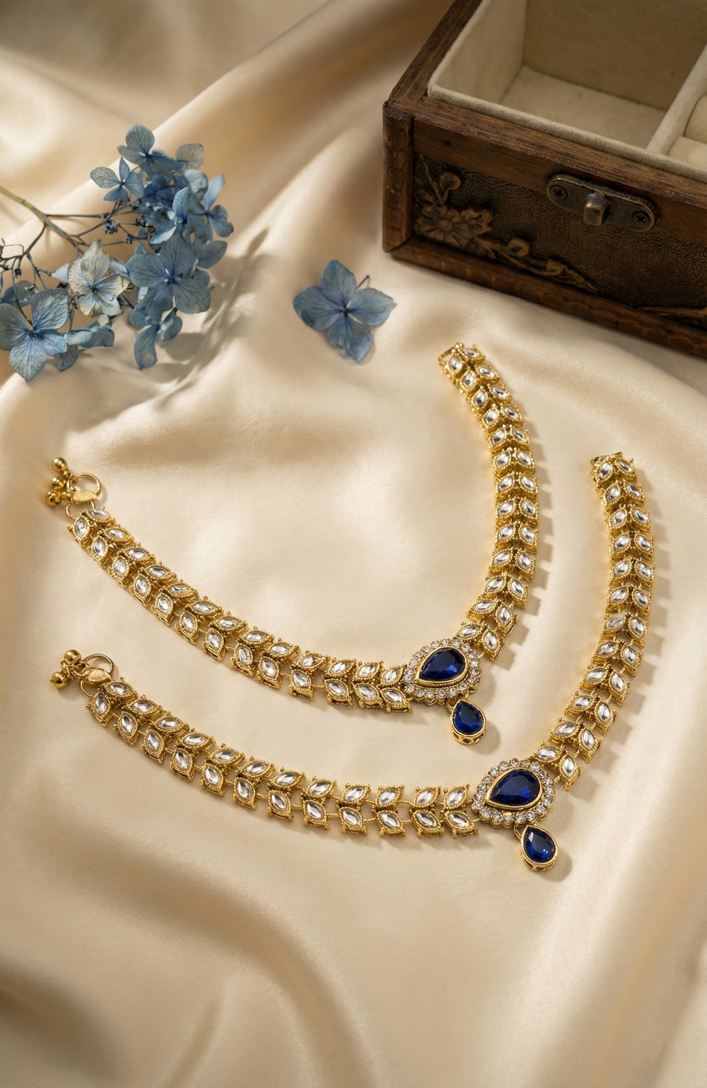 Gold-Tone Kundan-Style Anklets with Sapphire-Blue Accent