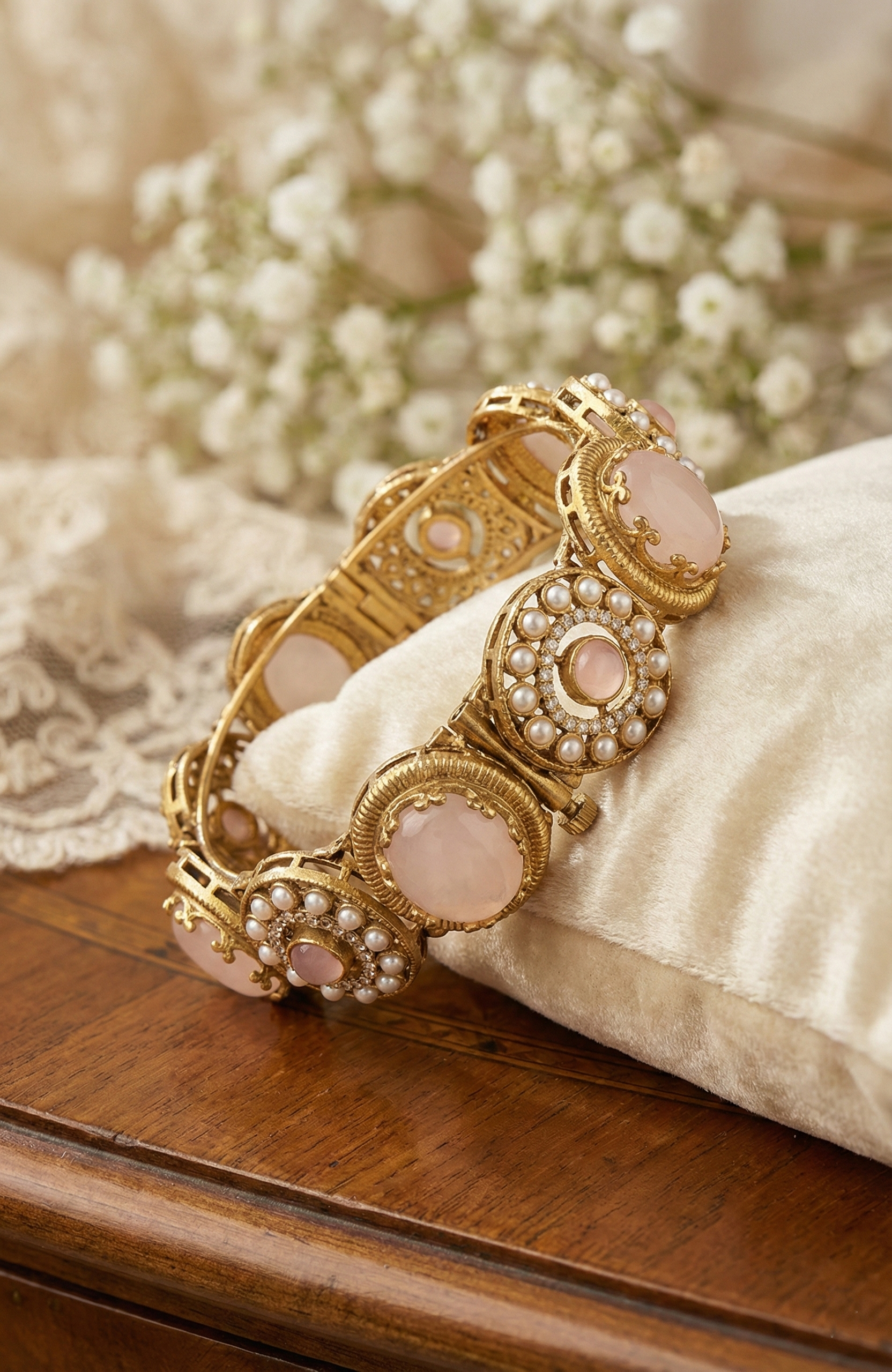 Gold-Tone Blush Pink Stone & Pearl Bracelet