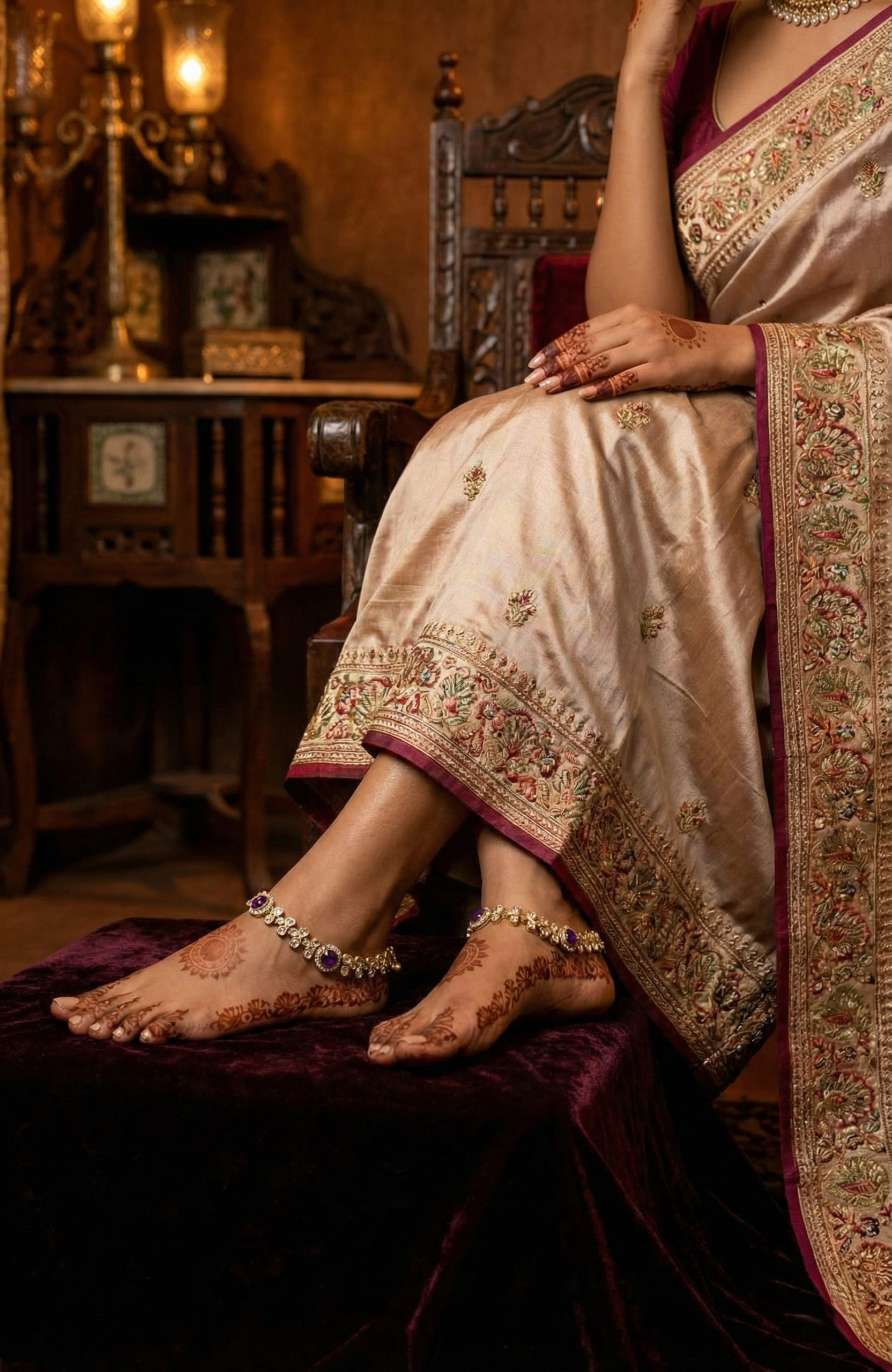 Gold-Tone Crystal Anklets with Purple Stone Accent