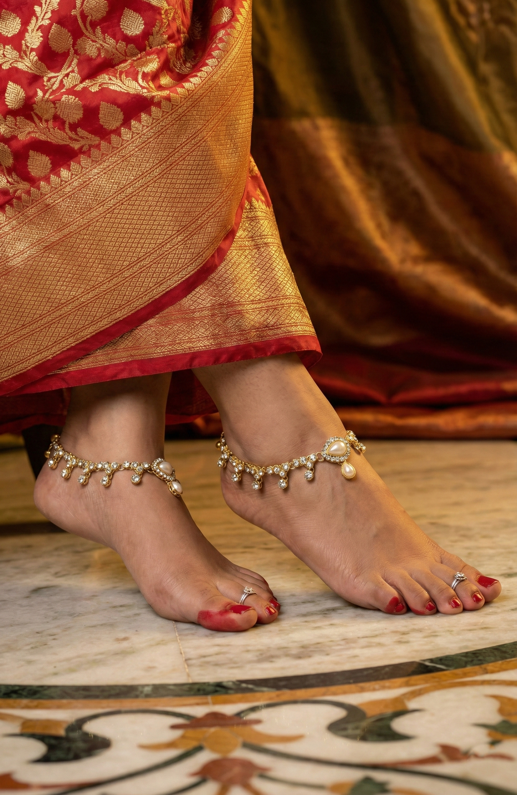 Gold-Tone Pearl & Crystal Anklets