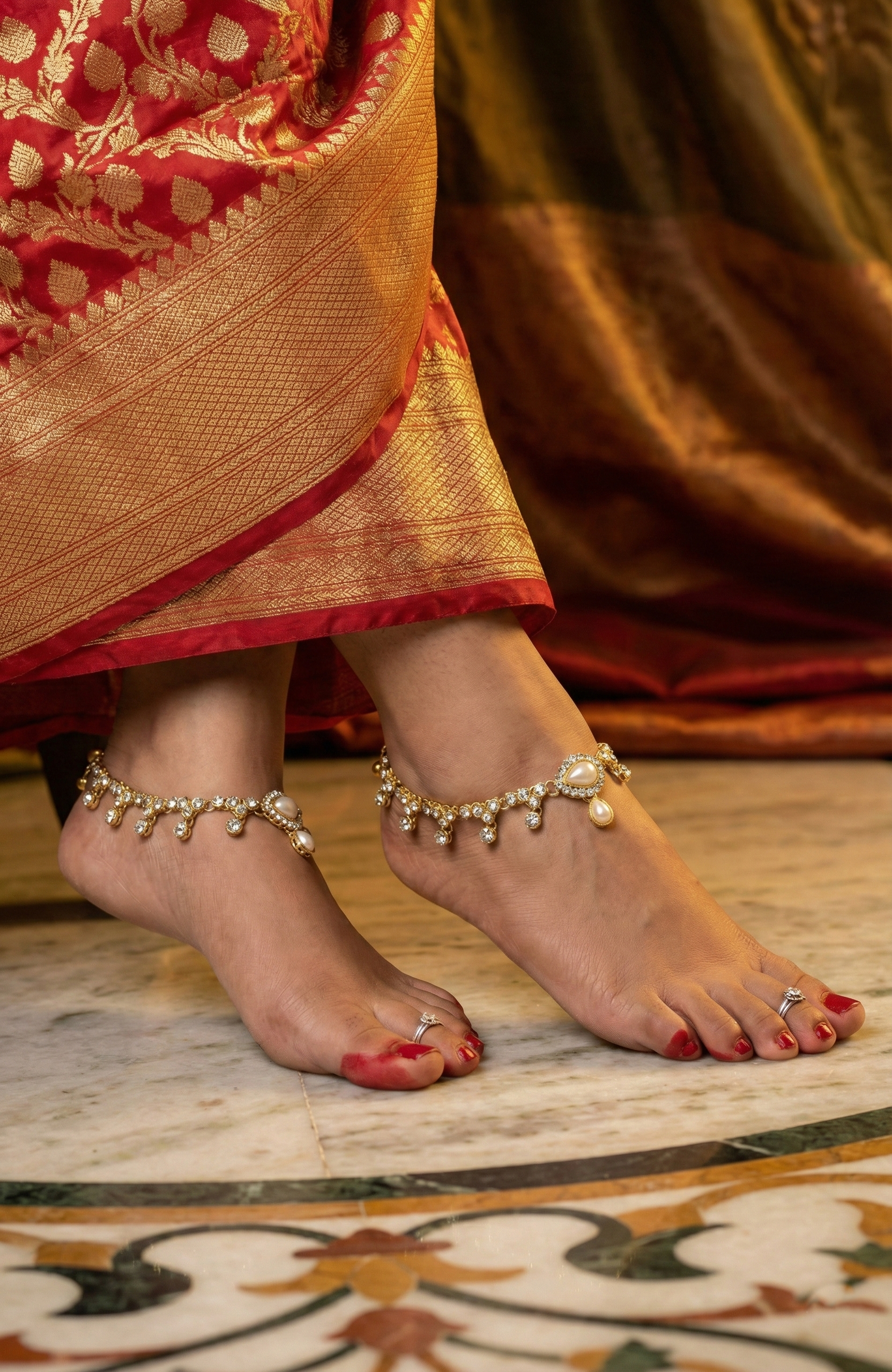 Gold-Tone Pearl & Crystal Anklets