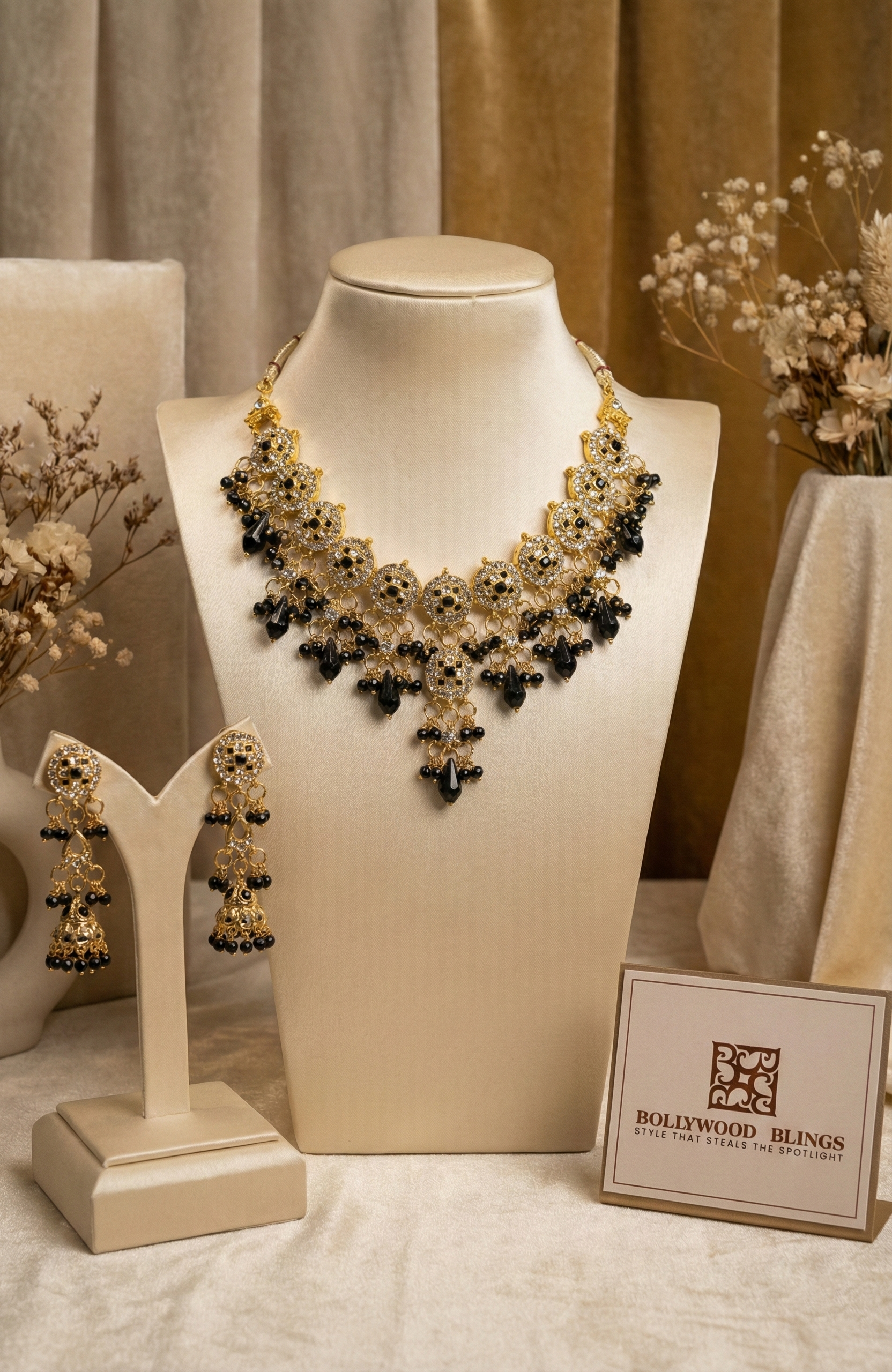 Black & Gold Kundan Necklace Set with Matching Jhumka Earrings