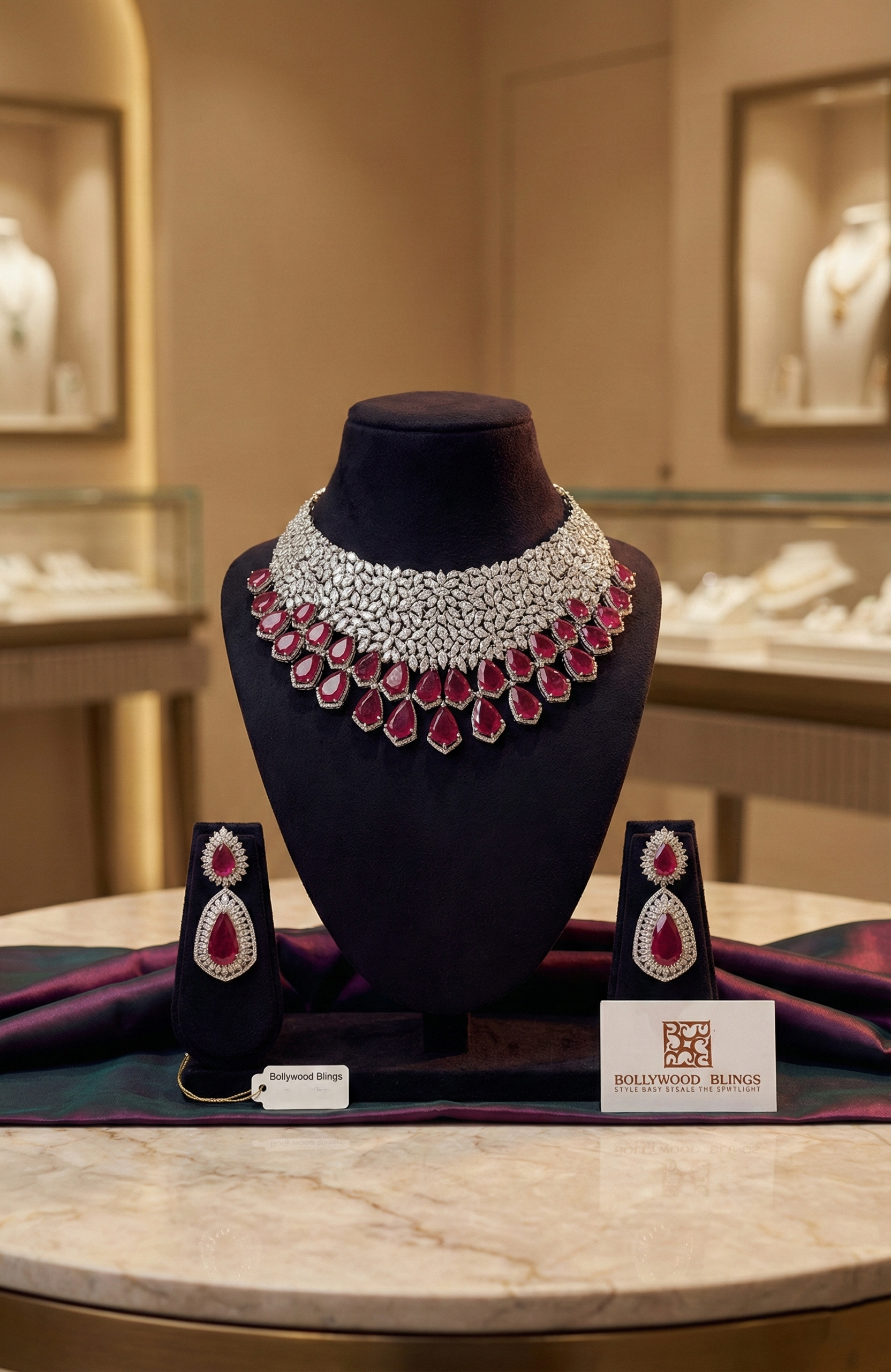 Manish Malhotra Replica Ruby Red Teardrop Statement Necklace & Earrings Set