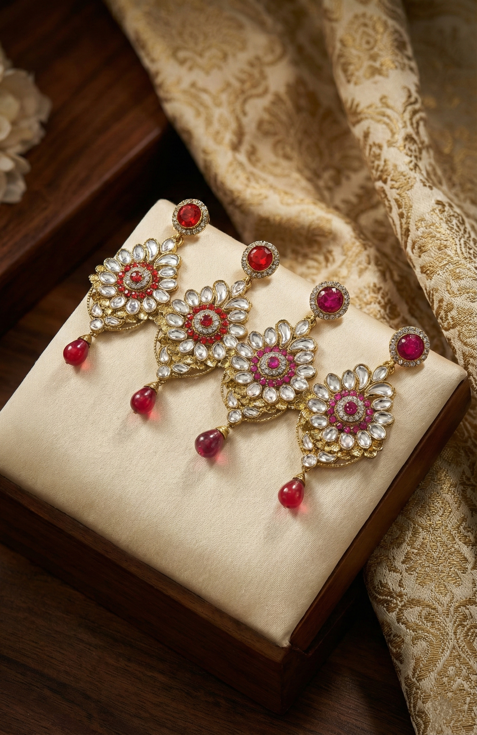 Traditional Kundan Drop Earrings (Red & Pink Accents)