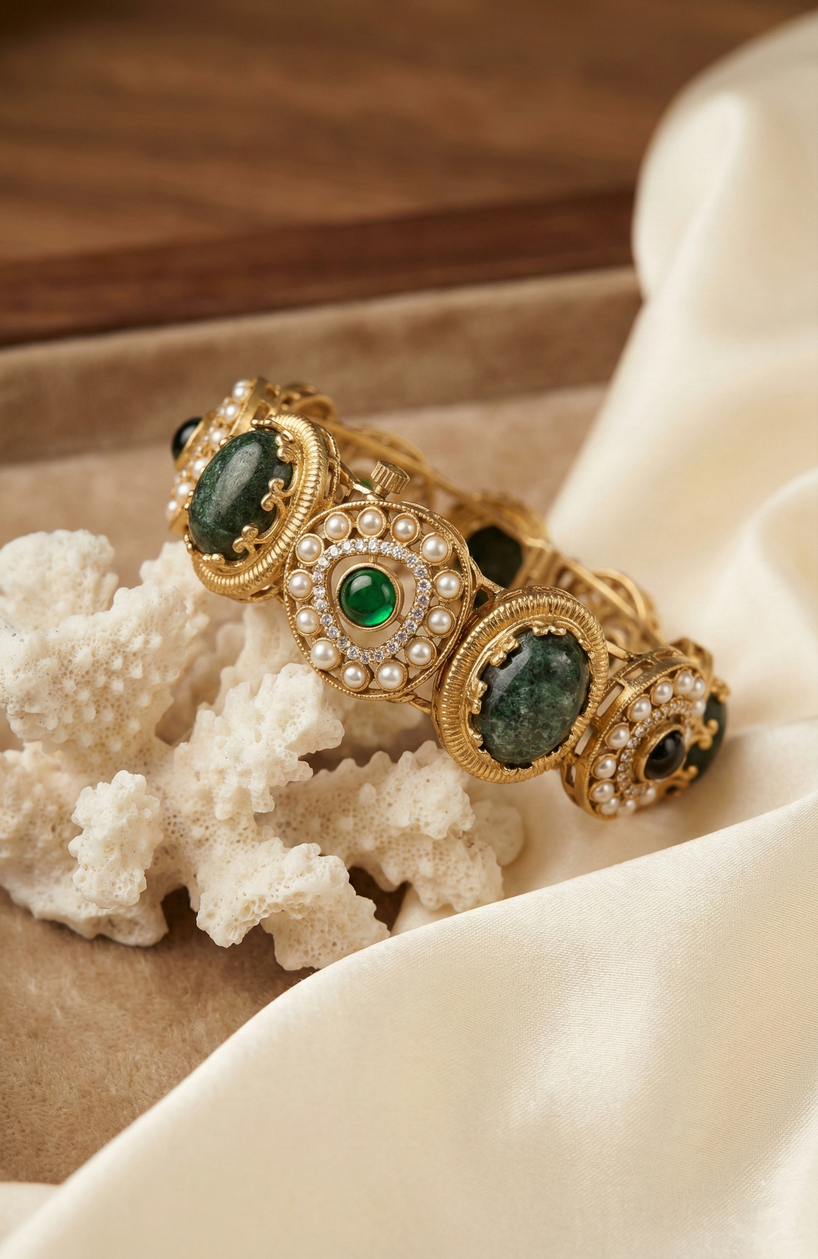 Gold-Tone Green Stone & Pearl Bracelet