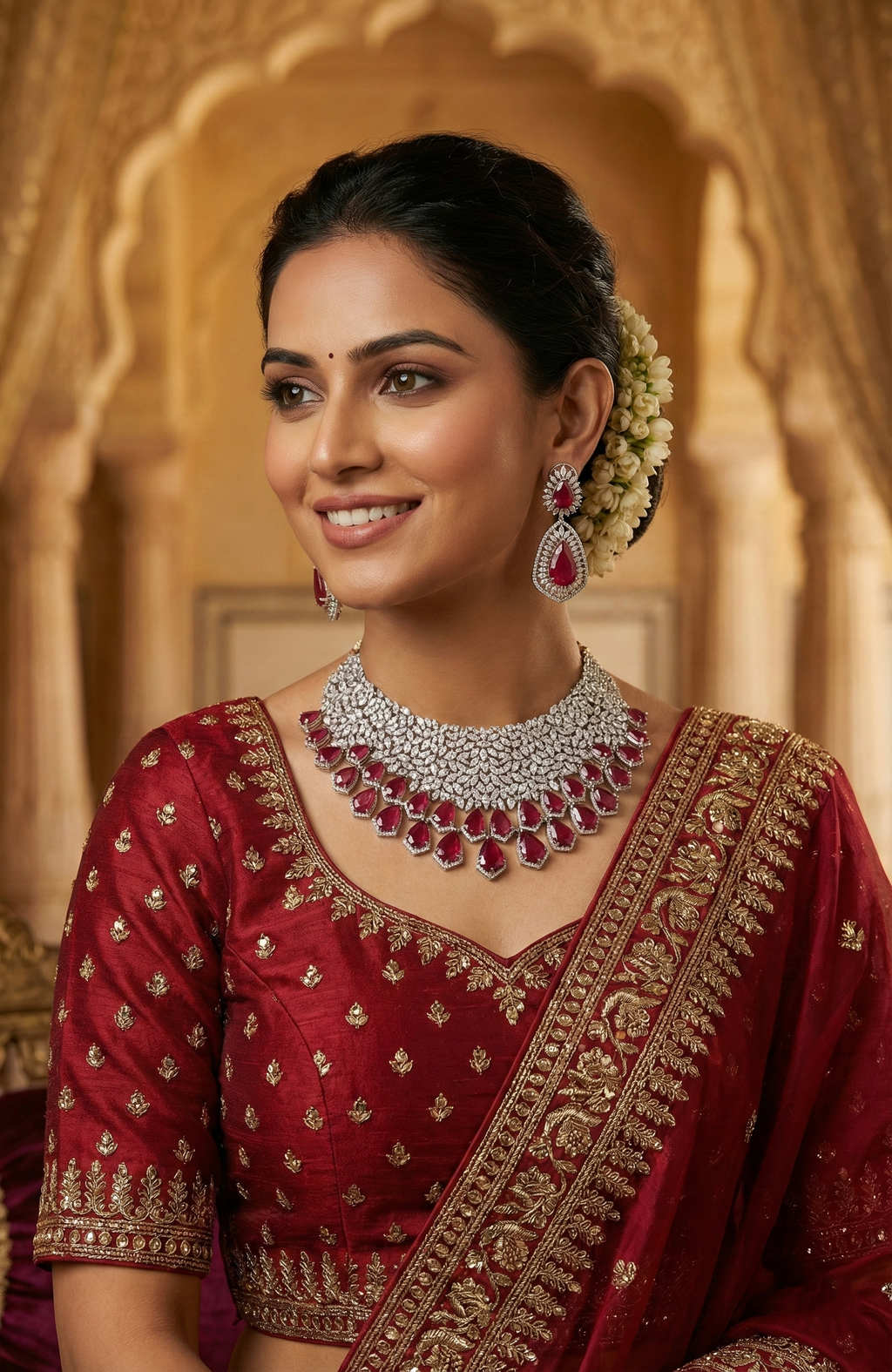 Manish Malhotra Replica Ruby Red Teardrop Statement Necklace & Earrings Set