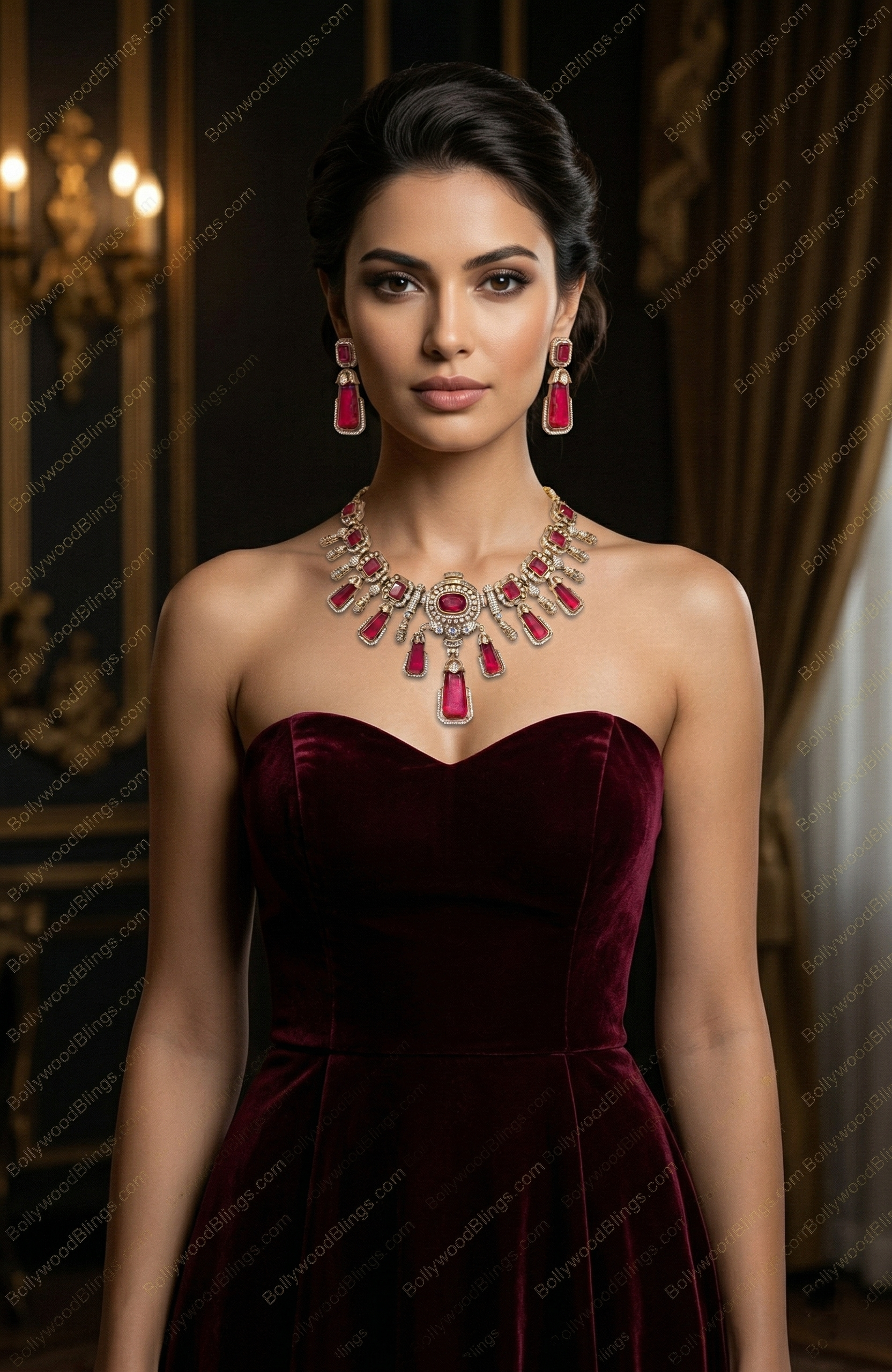 Bollywood Blings Ruby Red Statement Necklace and Earrings Set – Gold Crystal Bridal Jewellery