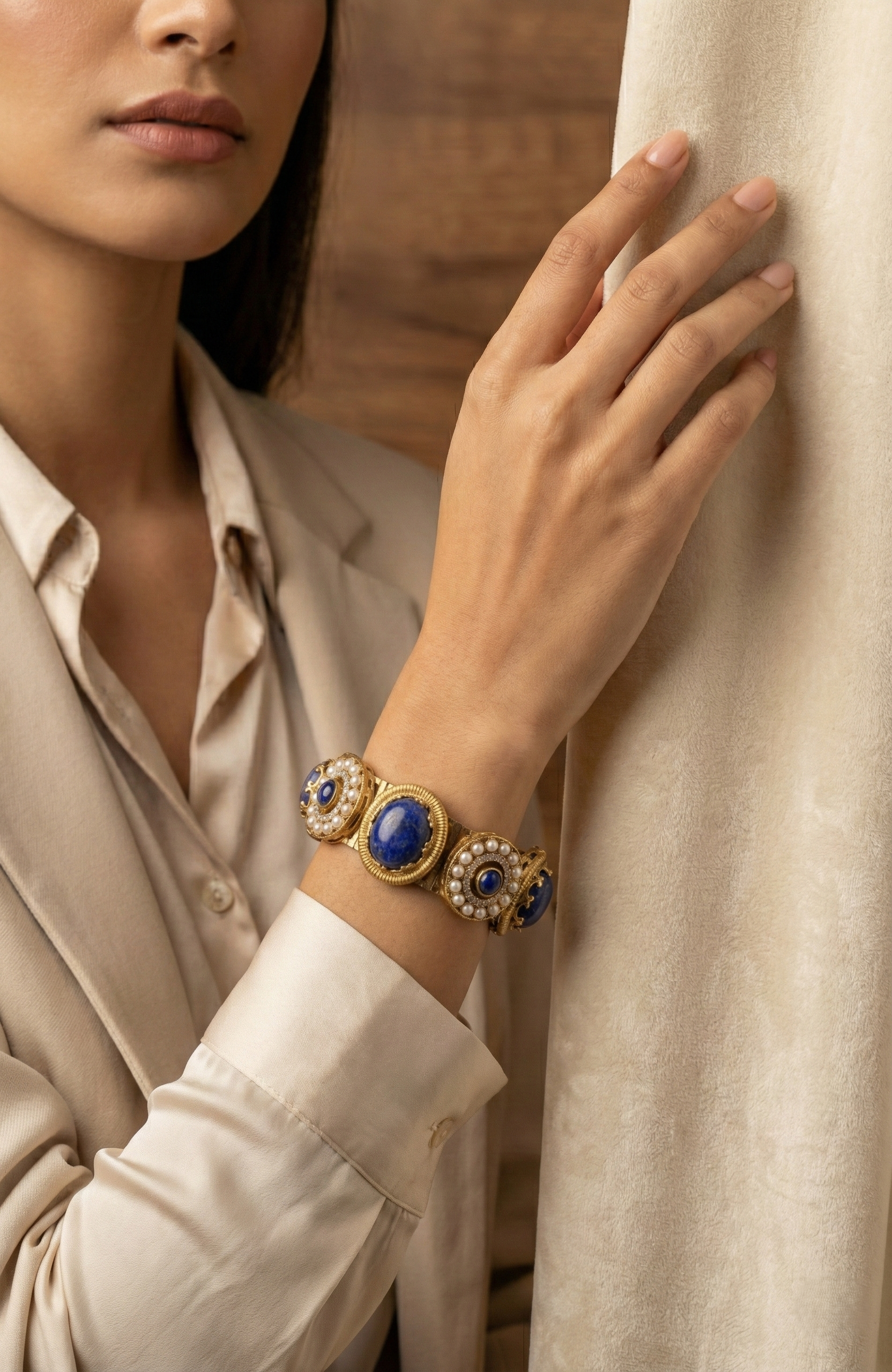 Gold-Tone Blue Stone & Pearl Bracelet