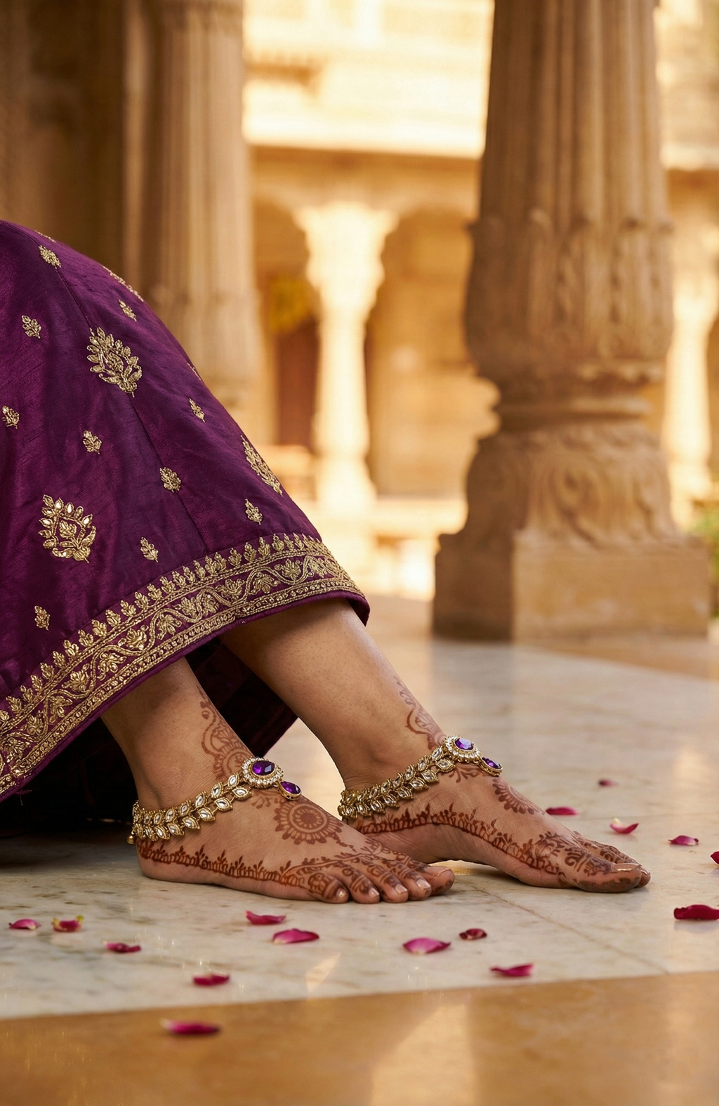 Gold-Tone Kundan Anklets with Purple Stone Pendant