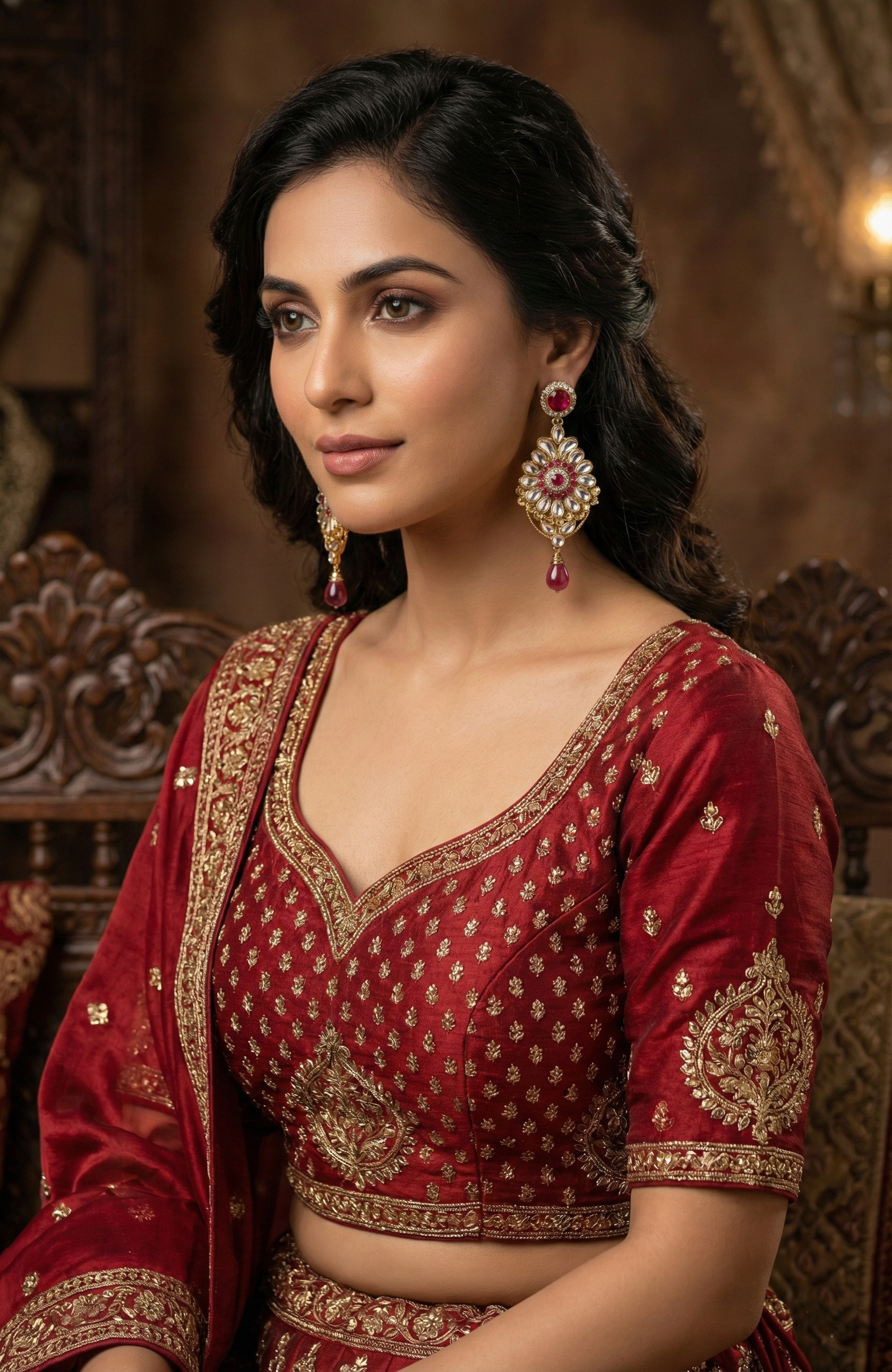 Traditional Kundan Drop Earrings (Red & Pink Accents)