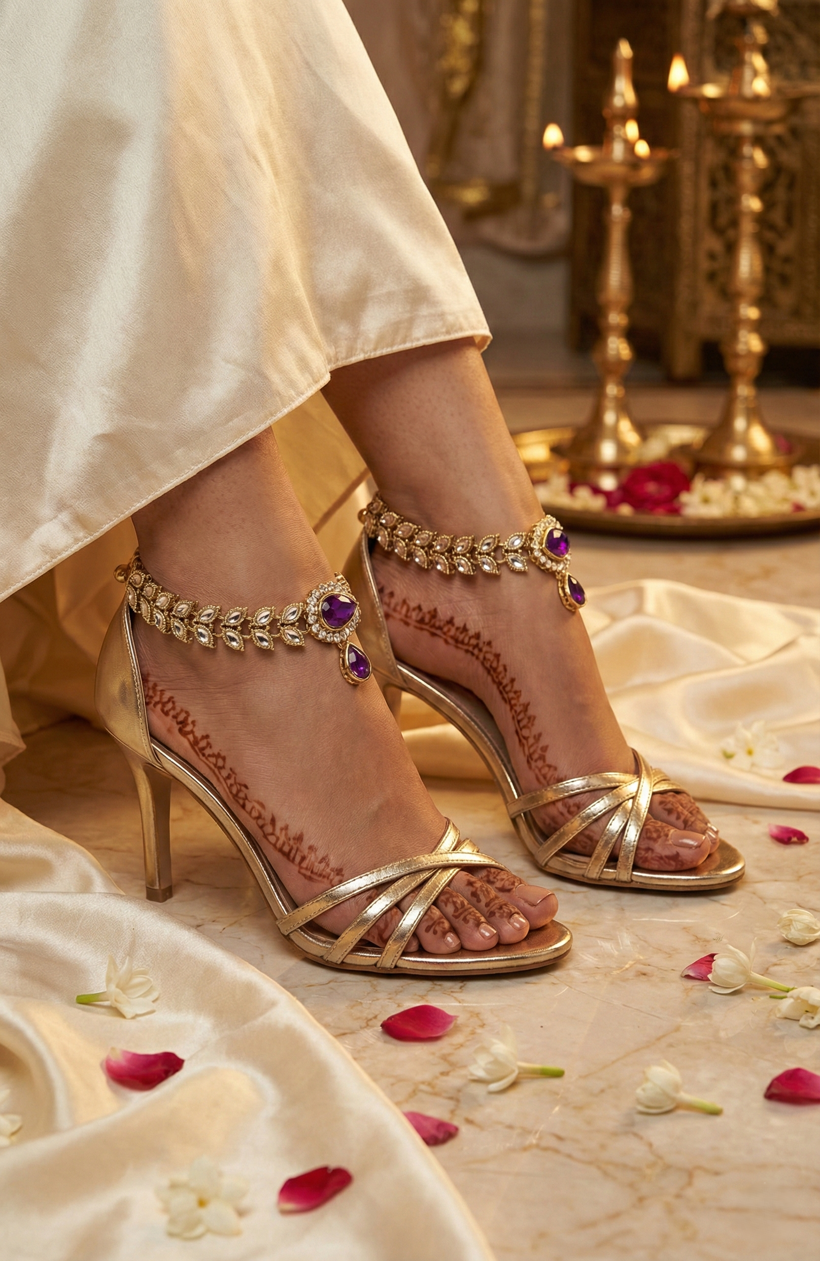 Gold-Tone Kundan Anklets with Purple Stone Pendant
