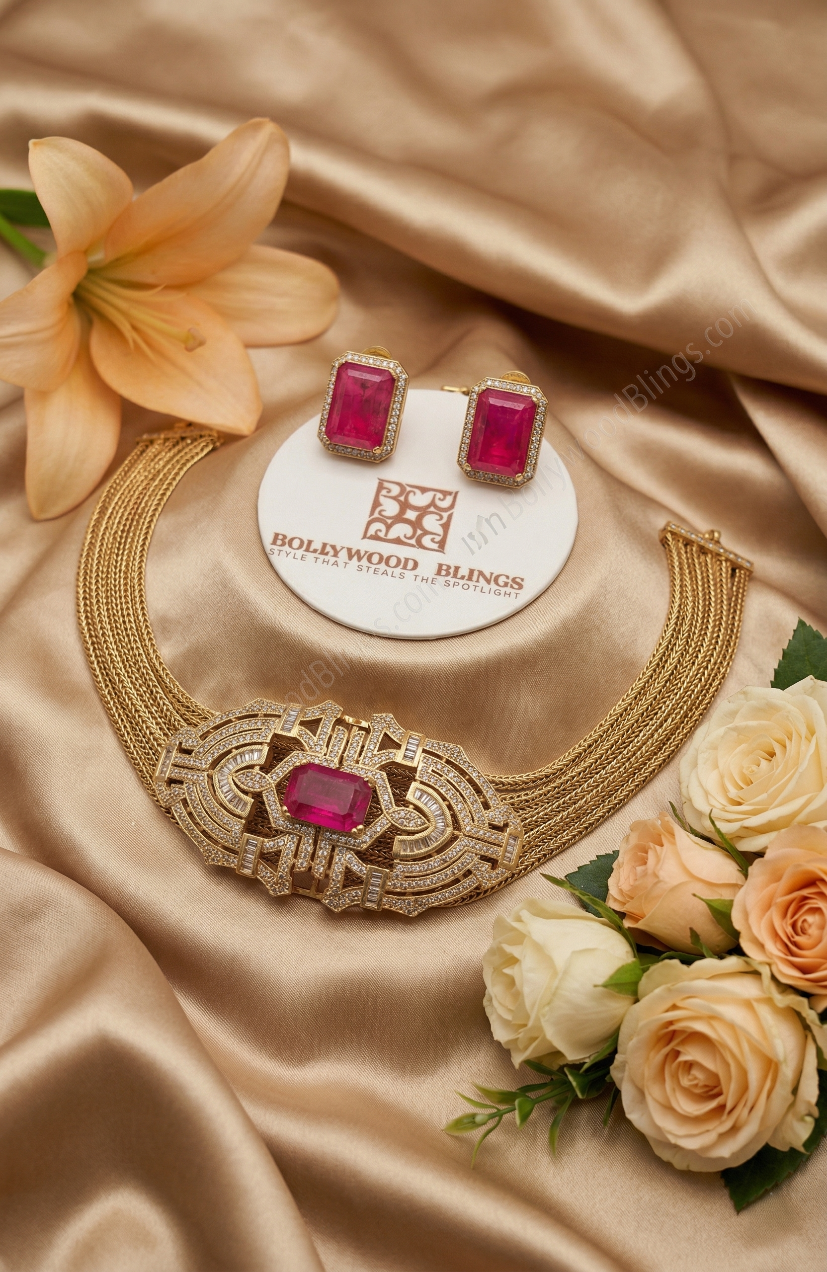Hot Pink Crystal Statement Choker Set – Gold Glam Jewellery