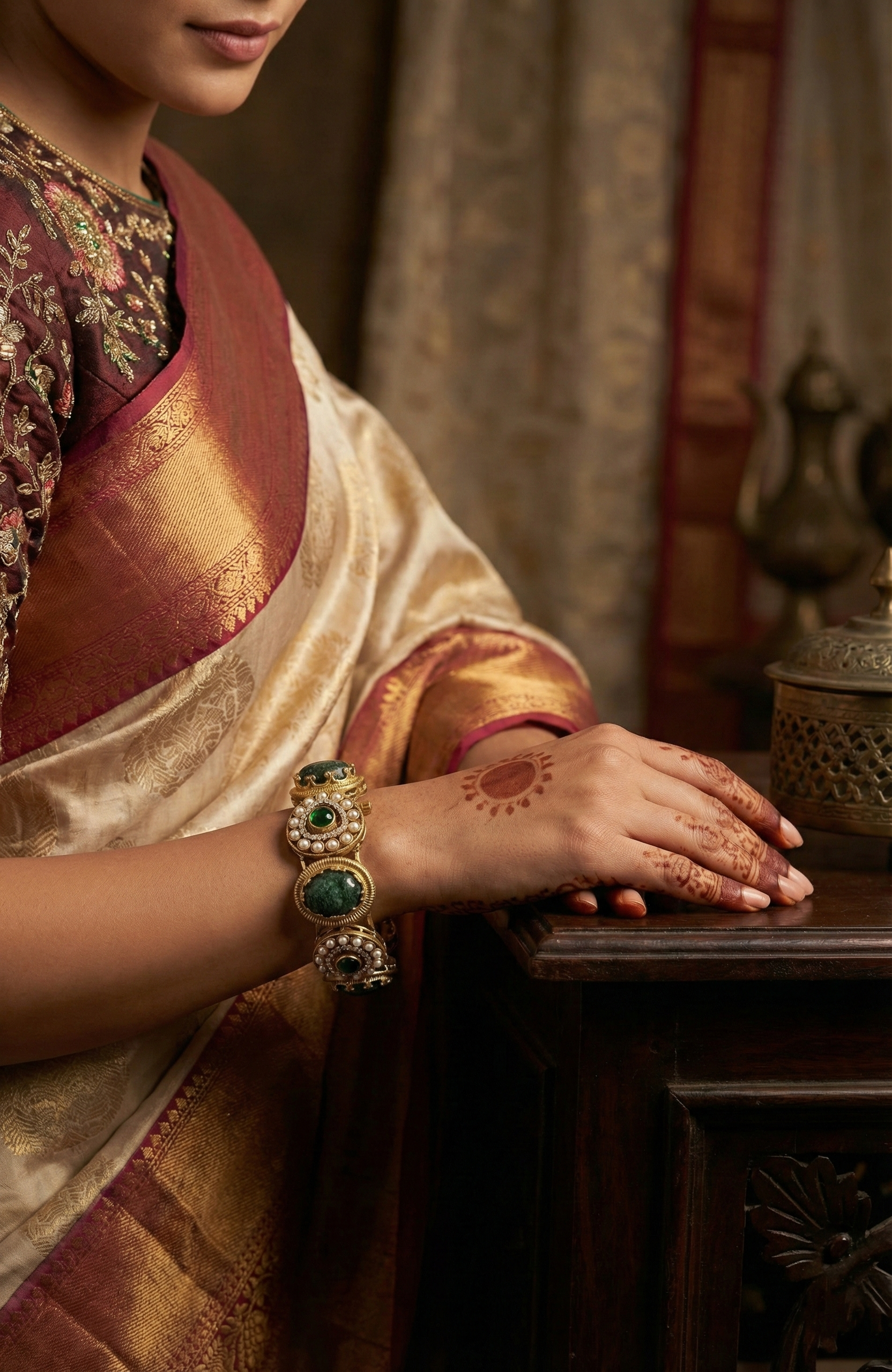 Gold-Tone Green Stone & Pearl Bracelet
