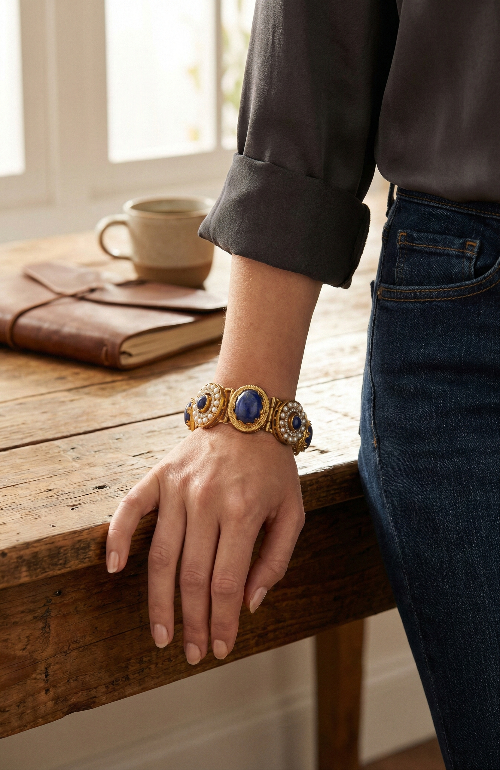 Gold-Tone Blue Stone & Pearl Bracelet