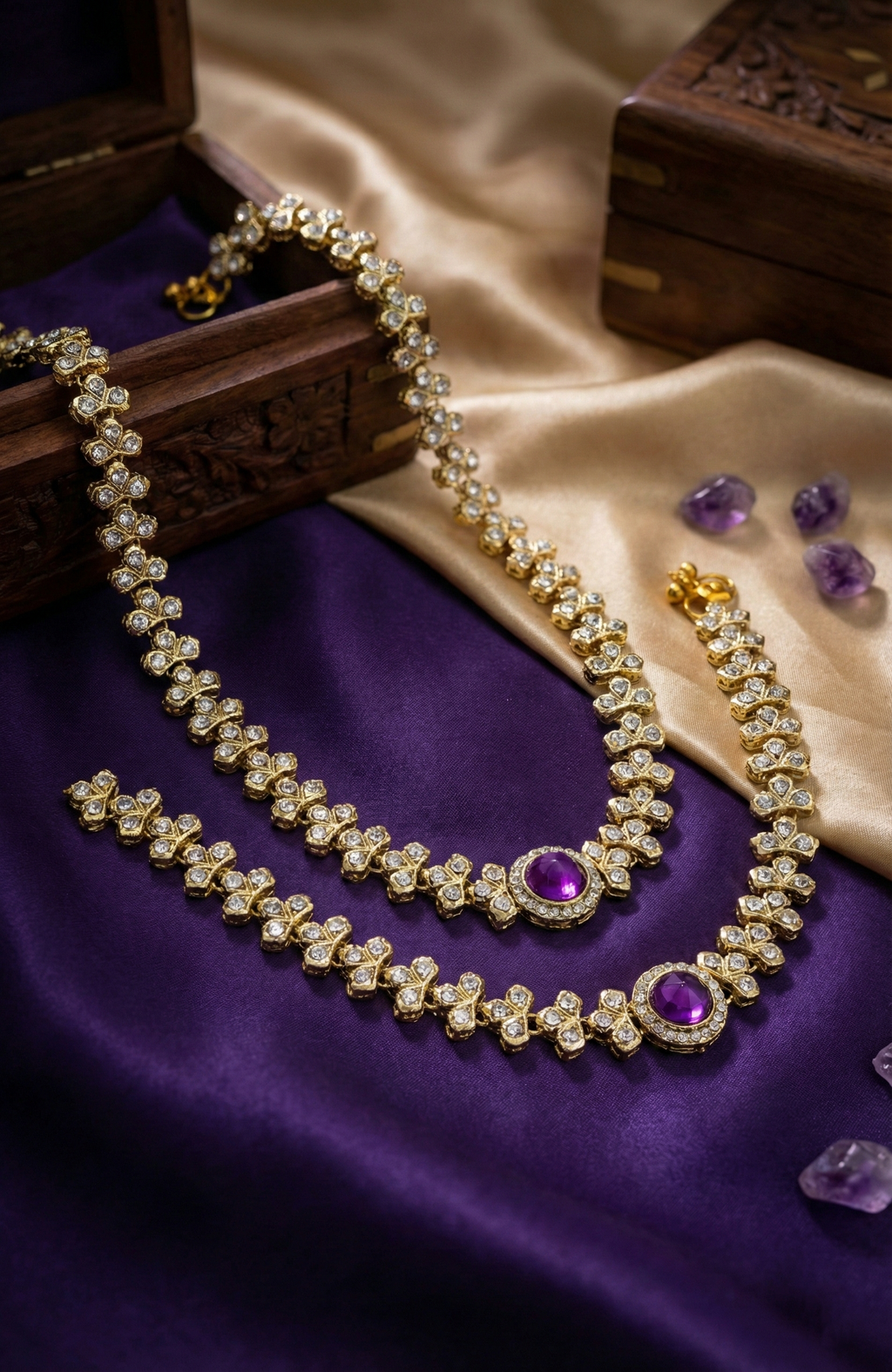 Gold-Tone Crystal Anklets with Purple Stone Accent