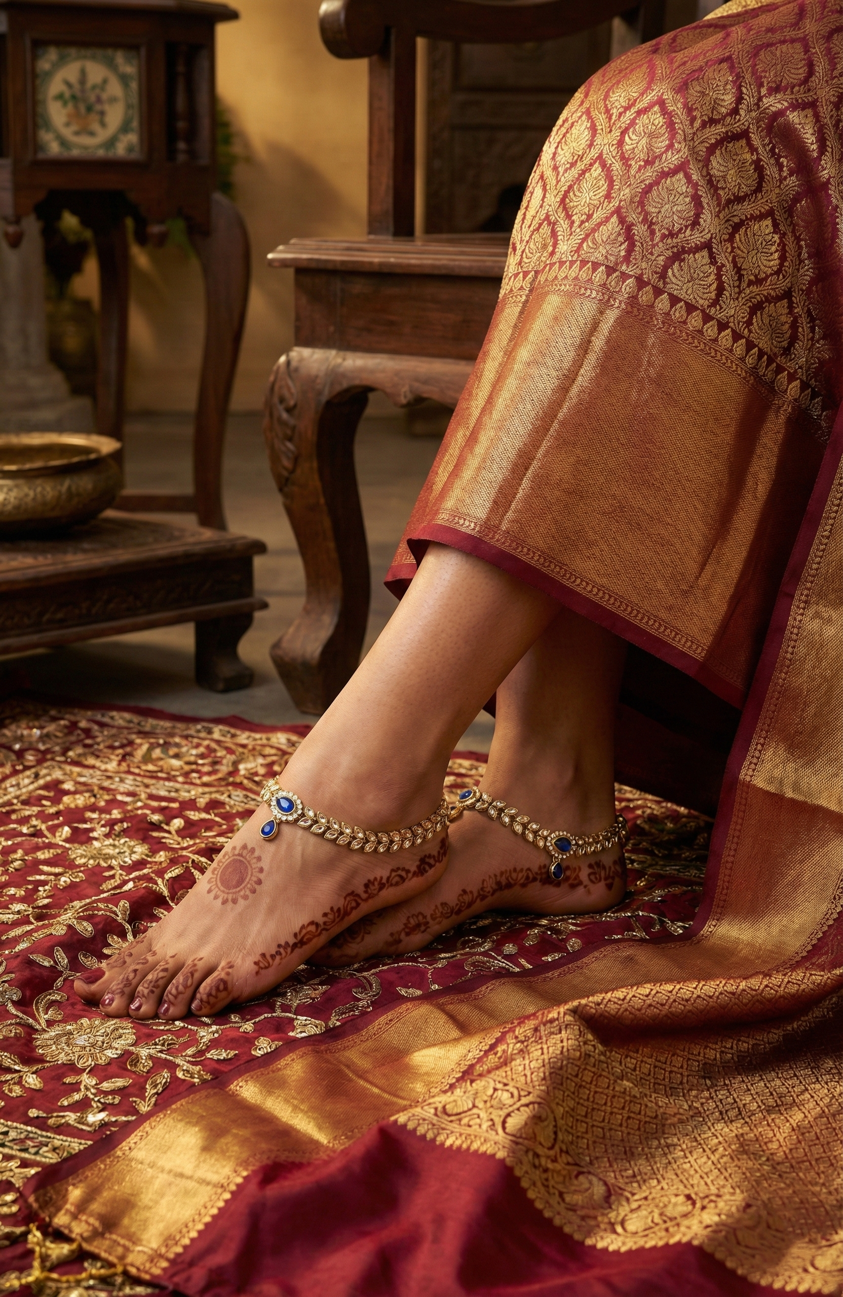 Gold-Tone Kundan-Style Anklets with Sapphire-Blue Accent