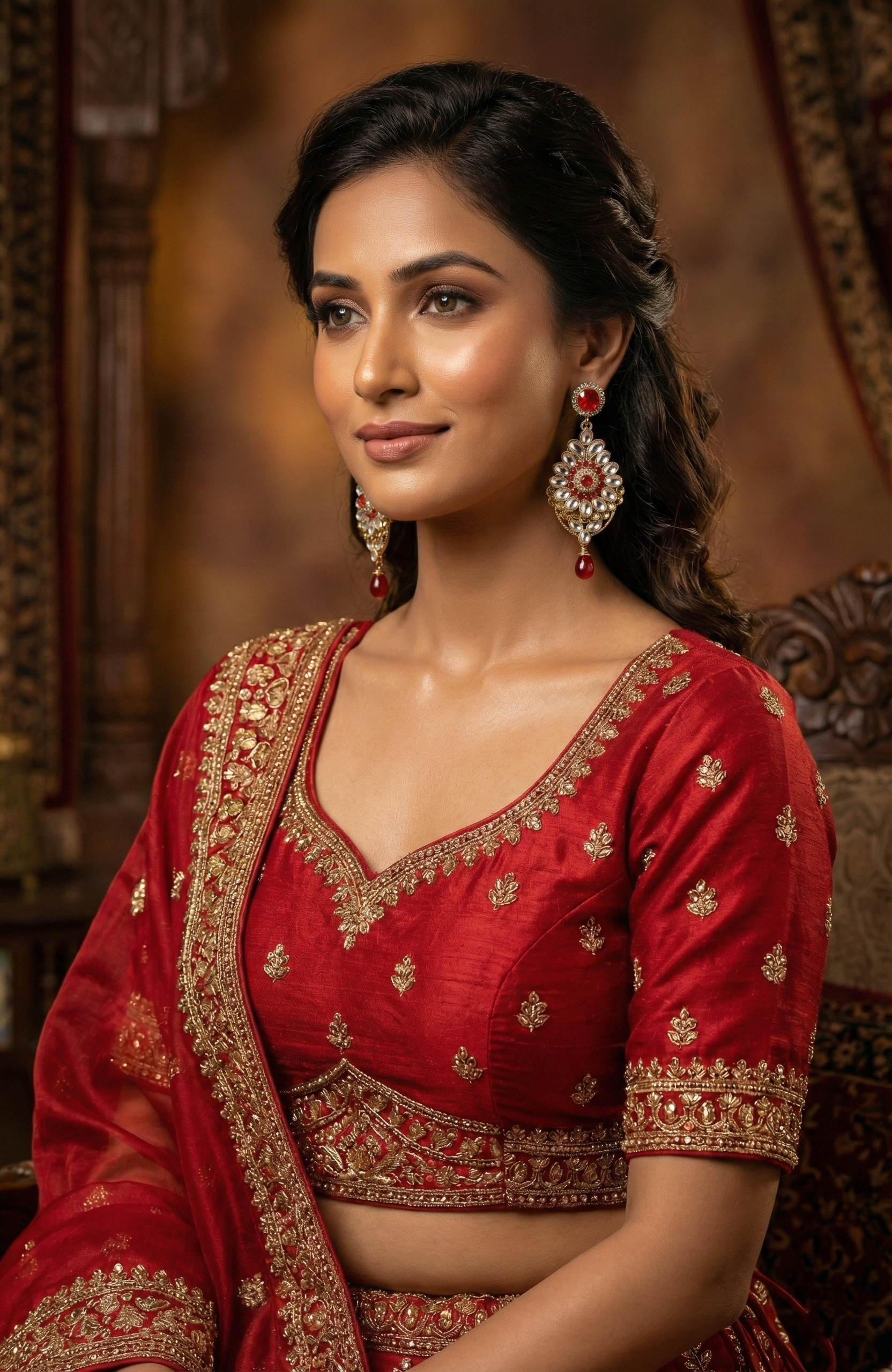 Traditional Kundan Drop Earrings (Red & Pink Accents)