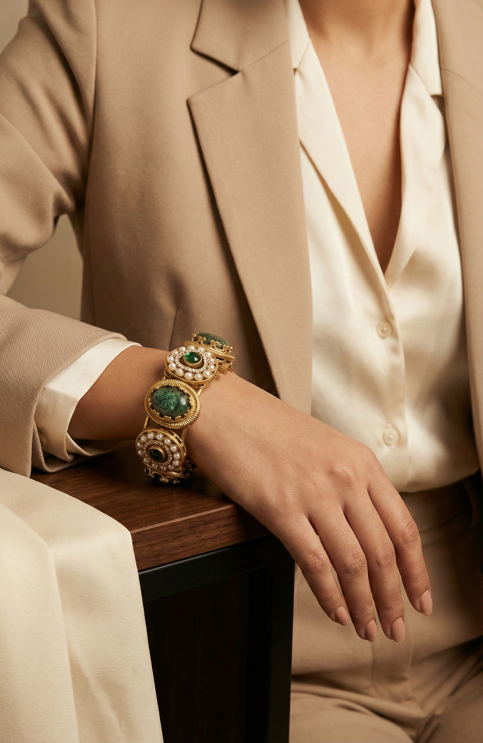 Gold-Tone Green Stone & Pearl Bracelet